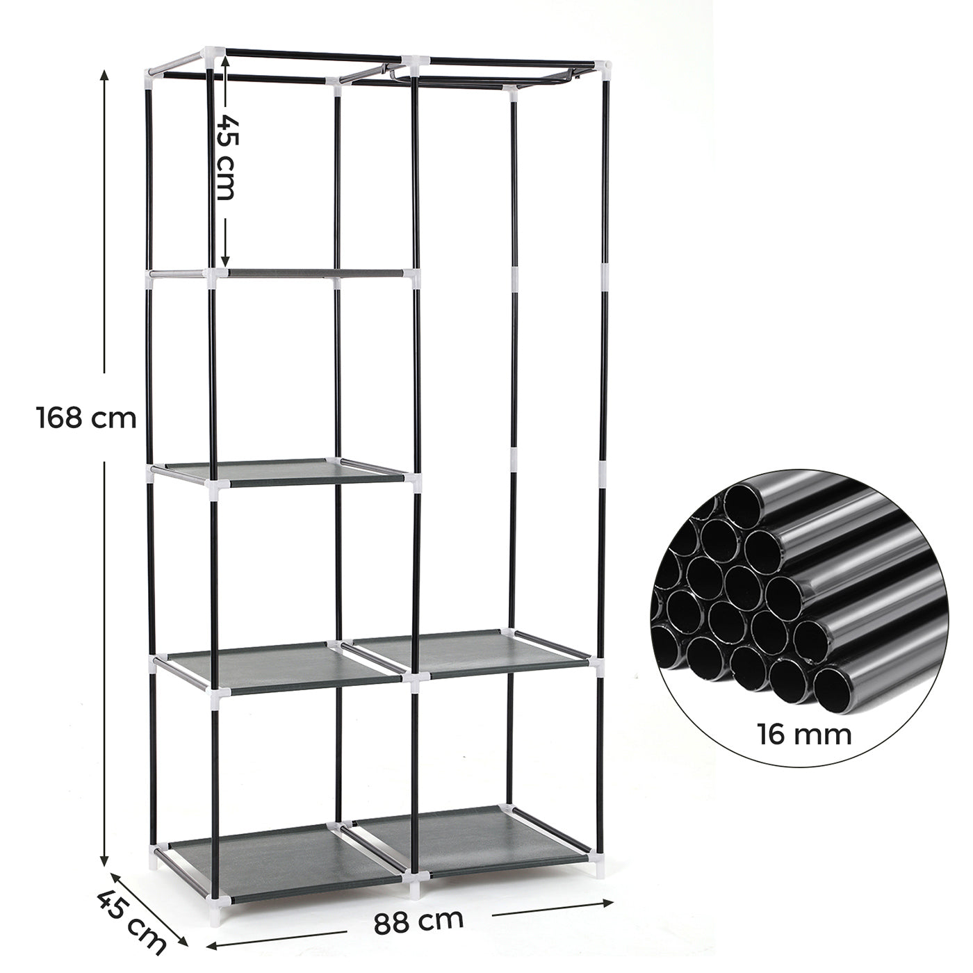 Adjustable Fabric Wardrobe - Canvas - Black - Double Hanging Rails with 7 Assembly Options