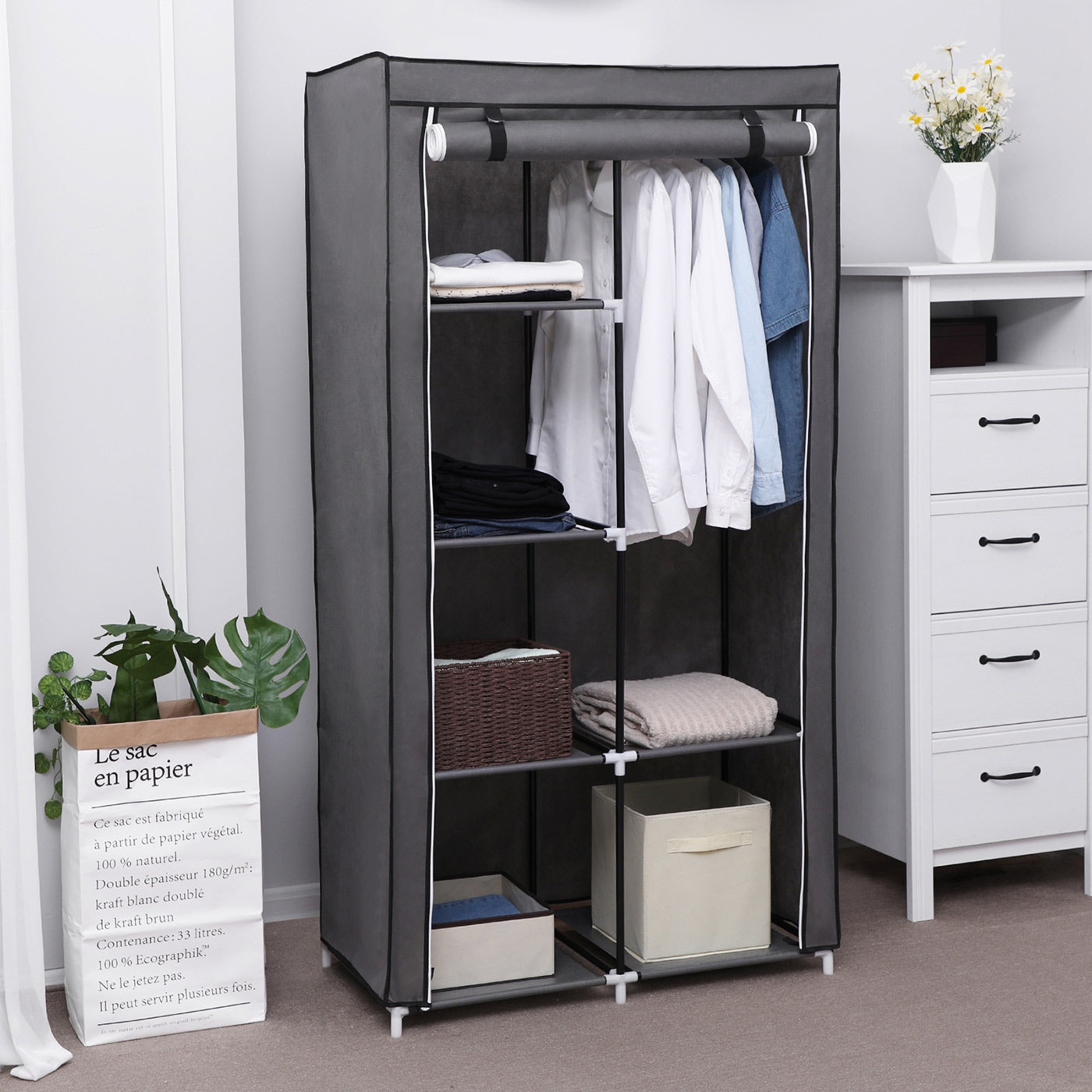 Adjustable Fabric Wardrobe - Canvas - Black - Double Hanging Rails with 7 Assembly Options