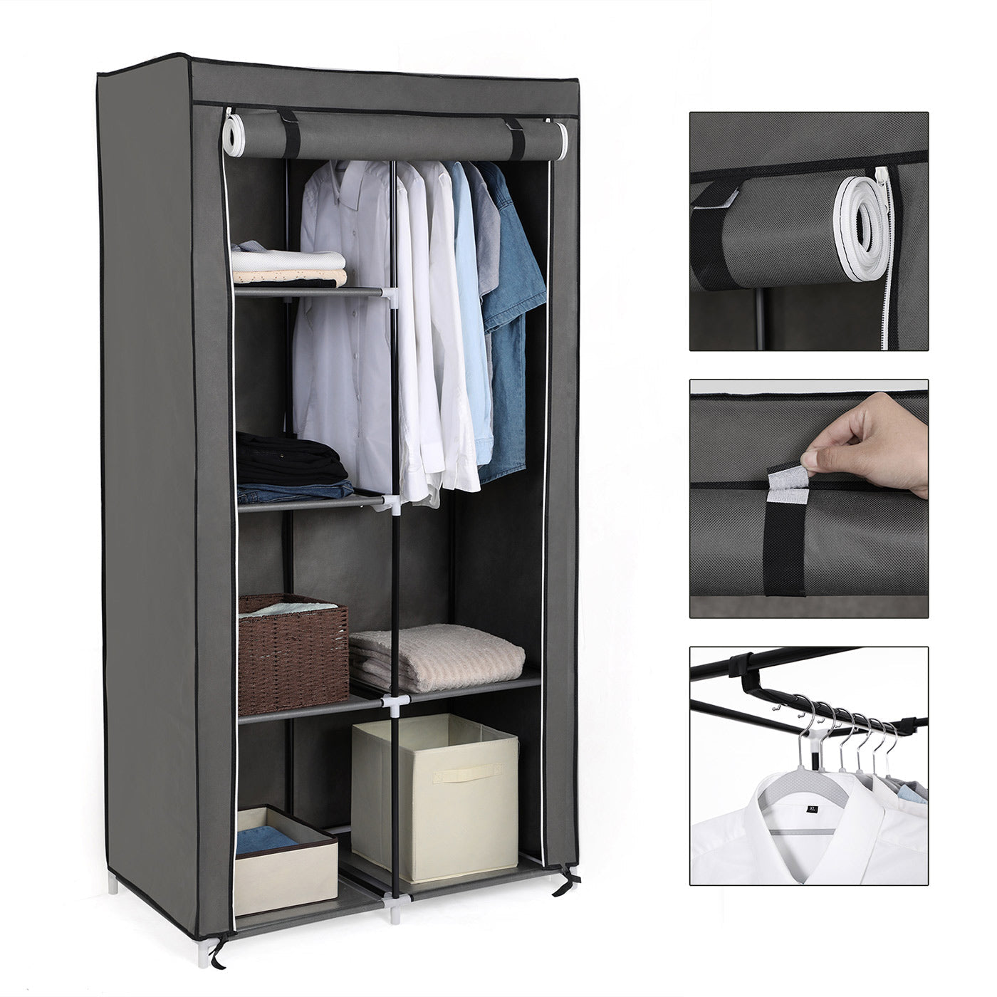 Adjustable Fabric Wardrobe - Canvas - Black - Double Hanging Rails with 7 Assembly Options