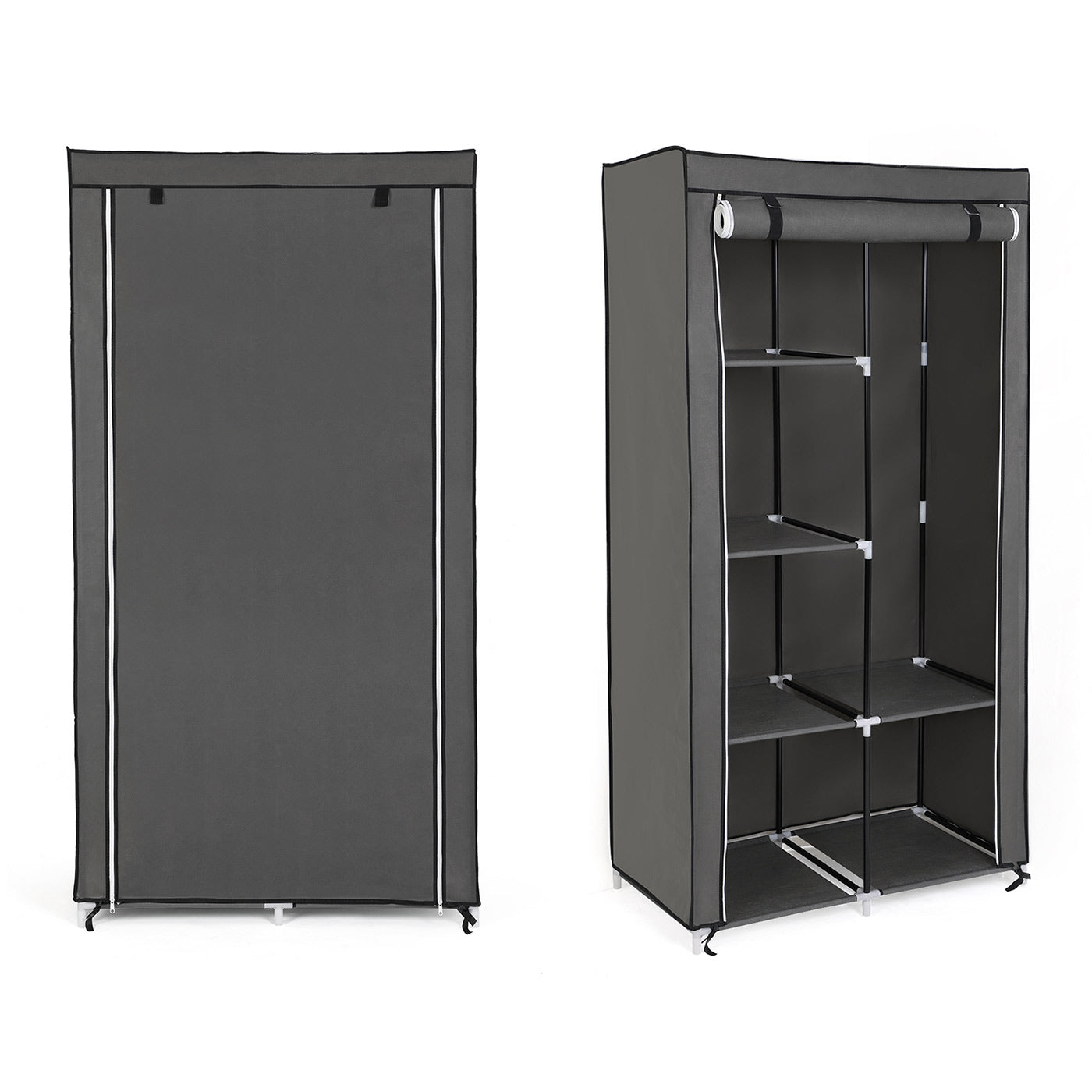 Adjustable Fabric Wardrobe - Canvas - Black - Double Hanging Rails with 7 Assembly Options