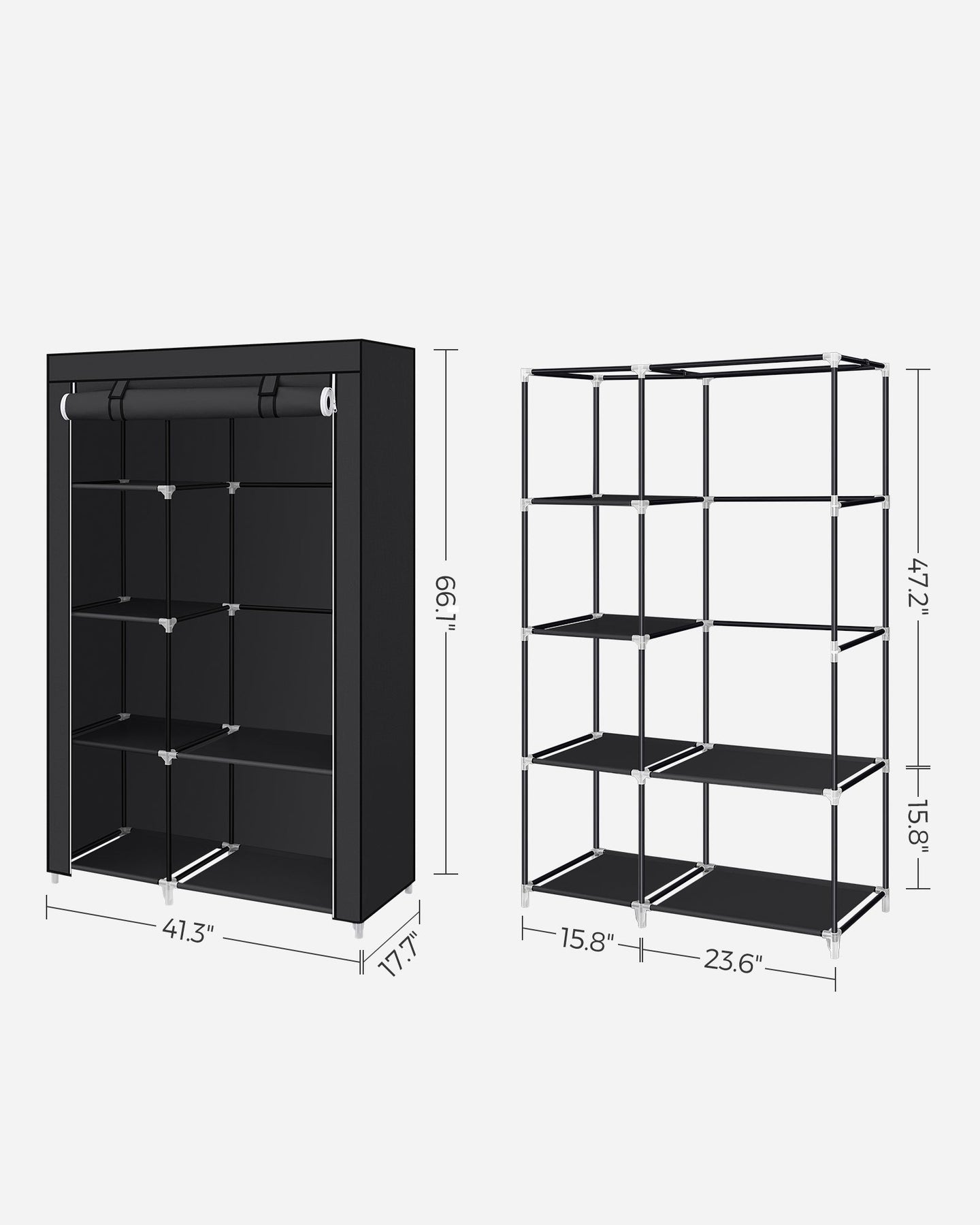 Fabric Wardrobe - Canvas - Ink Black - Double Hanging Rails and Shelves