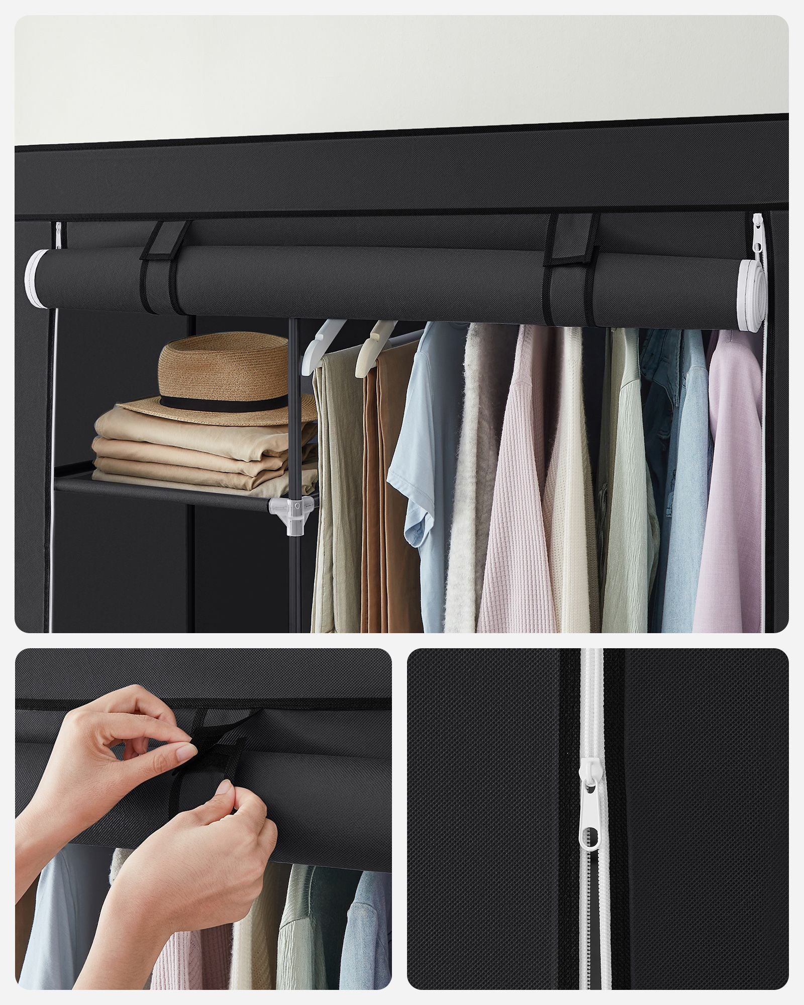 Fabric Wardrobe - Canvas - Ink Black - Double Hanging Rails and Shelves