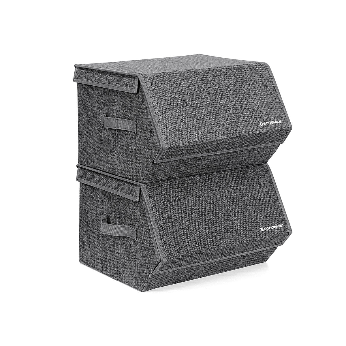 Set of 2 Fabric Storage Boxes - Metal Frame - Grey - Stackable with Magnetic Hinged Lid and Side Handles