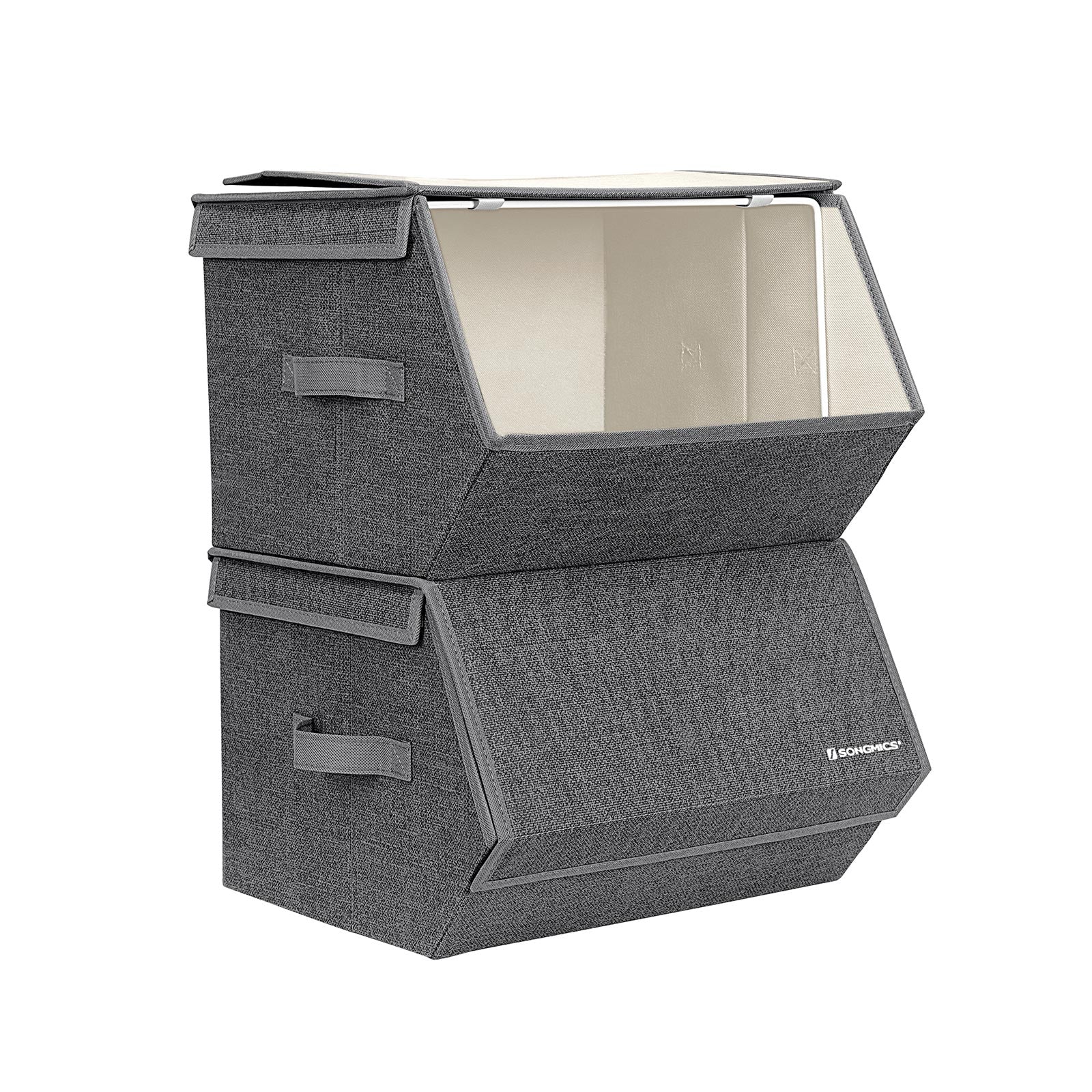Set of 2 Fabric Storage Boxes - Metal Frame - Grey - Stackable with Magnetic Hinged Lid and Side Handles