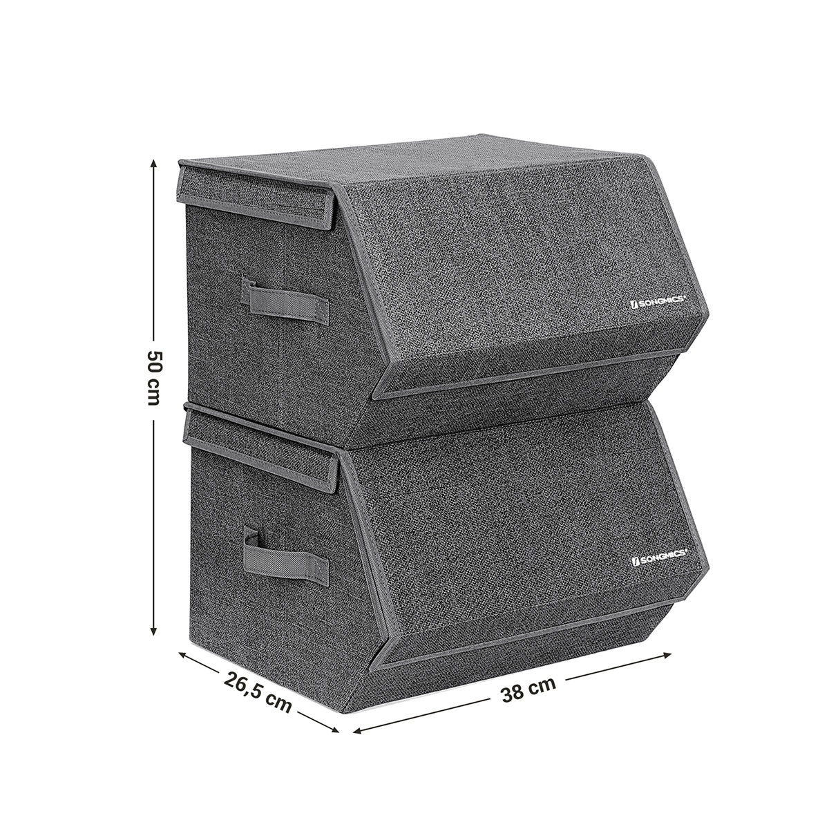 Set of 2 Fabric Storage Boxes - Metal Frame - Grey - Stackable with Magnetic Hinged Lid and Side Handles