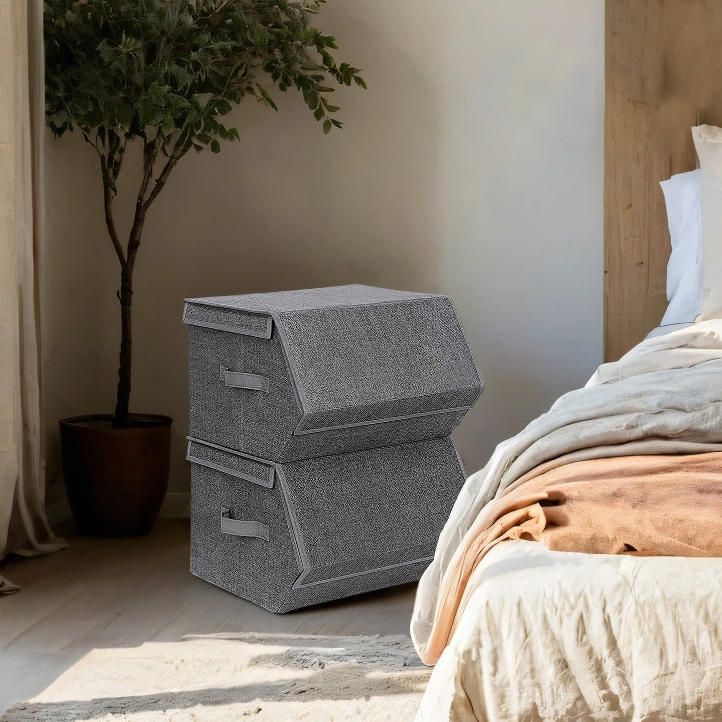 Stackable Storage Bins - Non-Woven Fabric - Grey and Beige - Magnetic Lid and Metal Frame