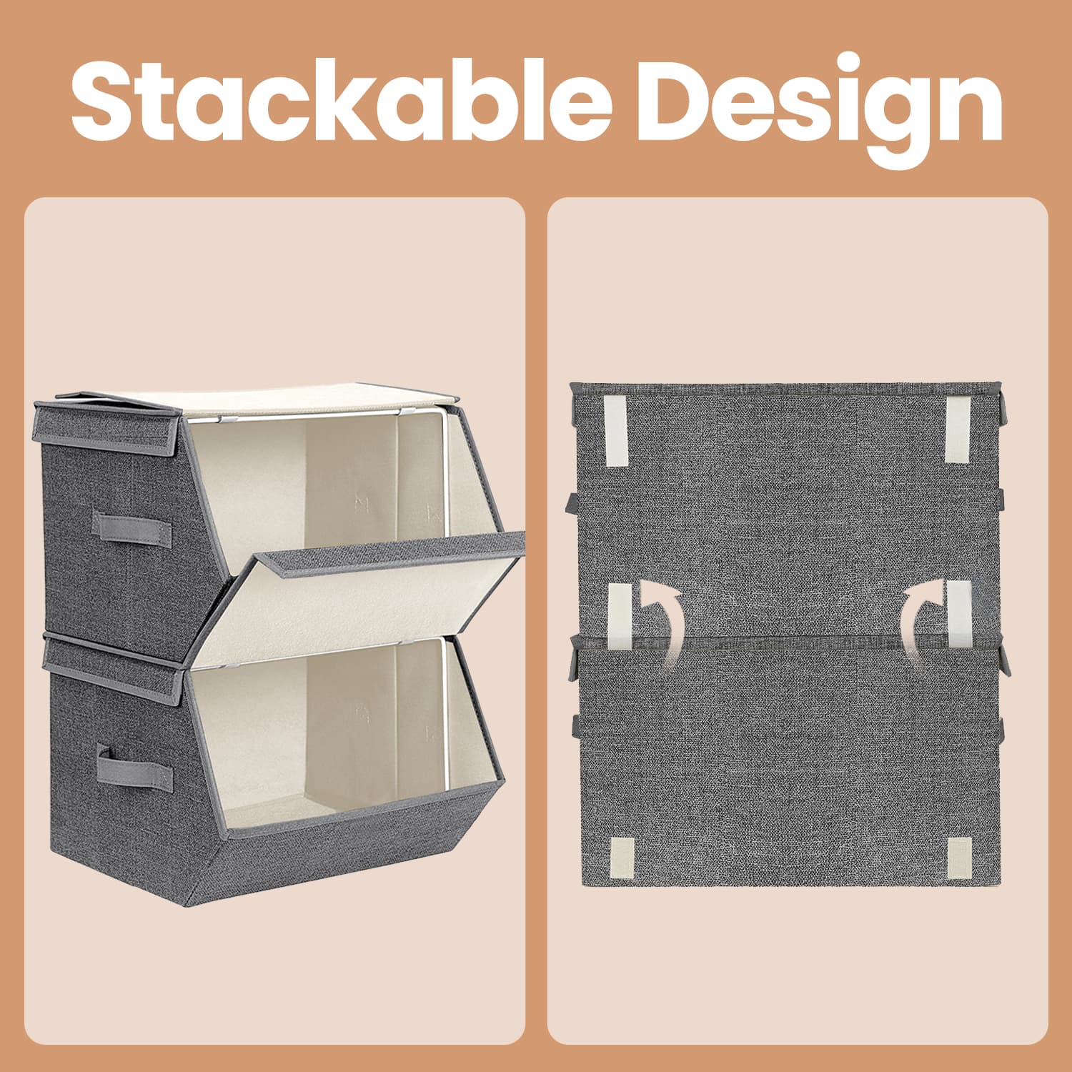 Stackable Storage Bins - Non-Woven Fabric - Grey and Beige - Magnetic Lid and Metal Frame