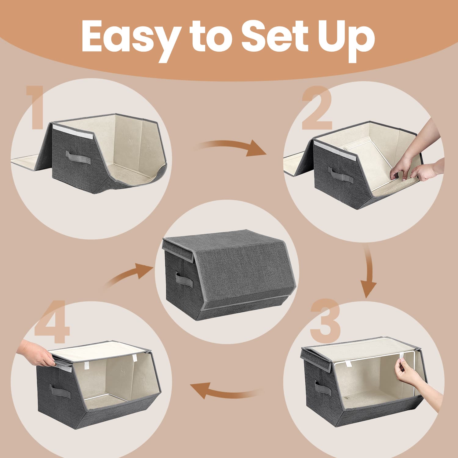 Stackable Storage Bins - Non-Woven Fabric - Grey and Beige - Magnetic Lid and Metal Frame
