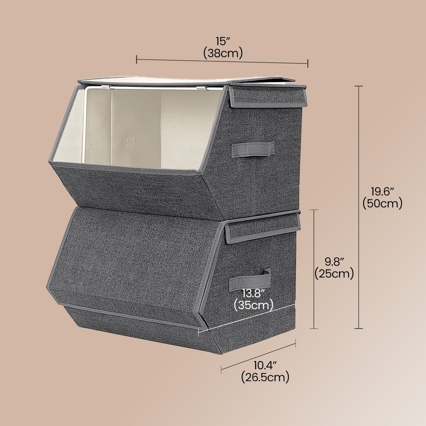 Stackable Storage Bins - Non-Woven Fabric - Grey and Beige - Magnetic Lid and Metal Frame