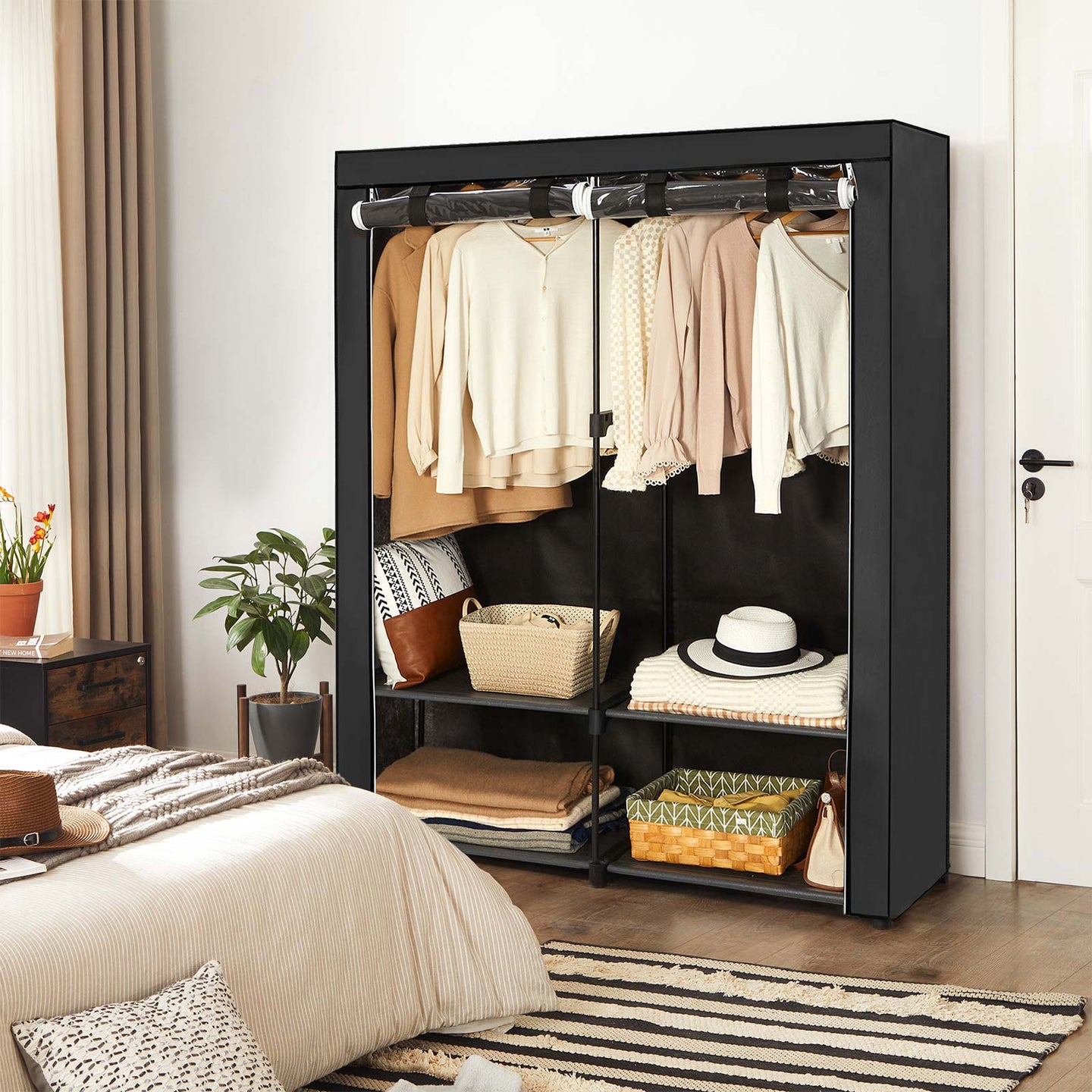 Fabric Wardrobe - Non-Woven Fabric - Black - With Viewing Windows and Shelves