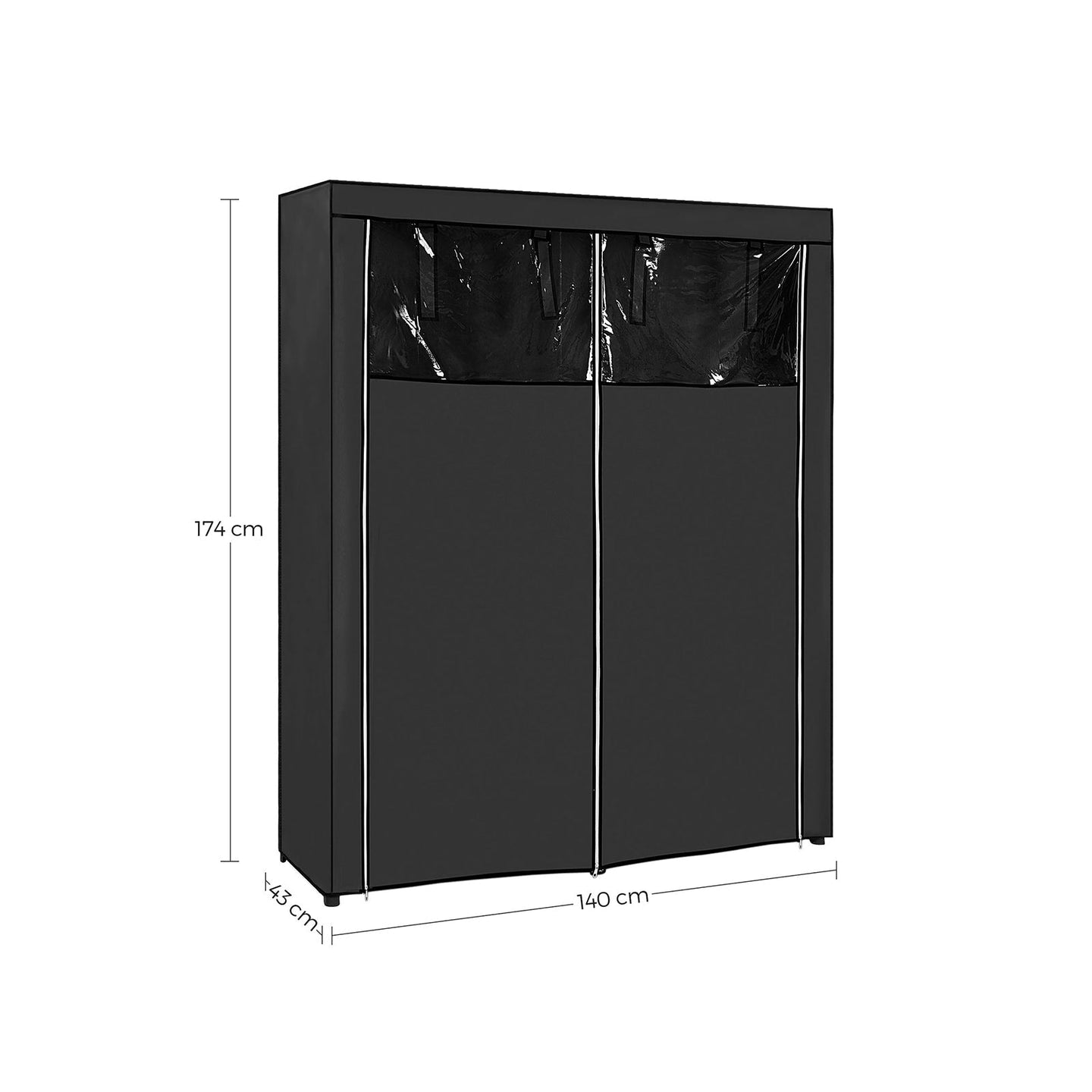 Fabric Wardrobe - Non-Woven Fabric - Black - With Viewing Windows and Shelves
