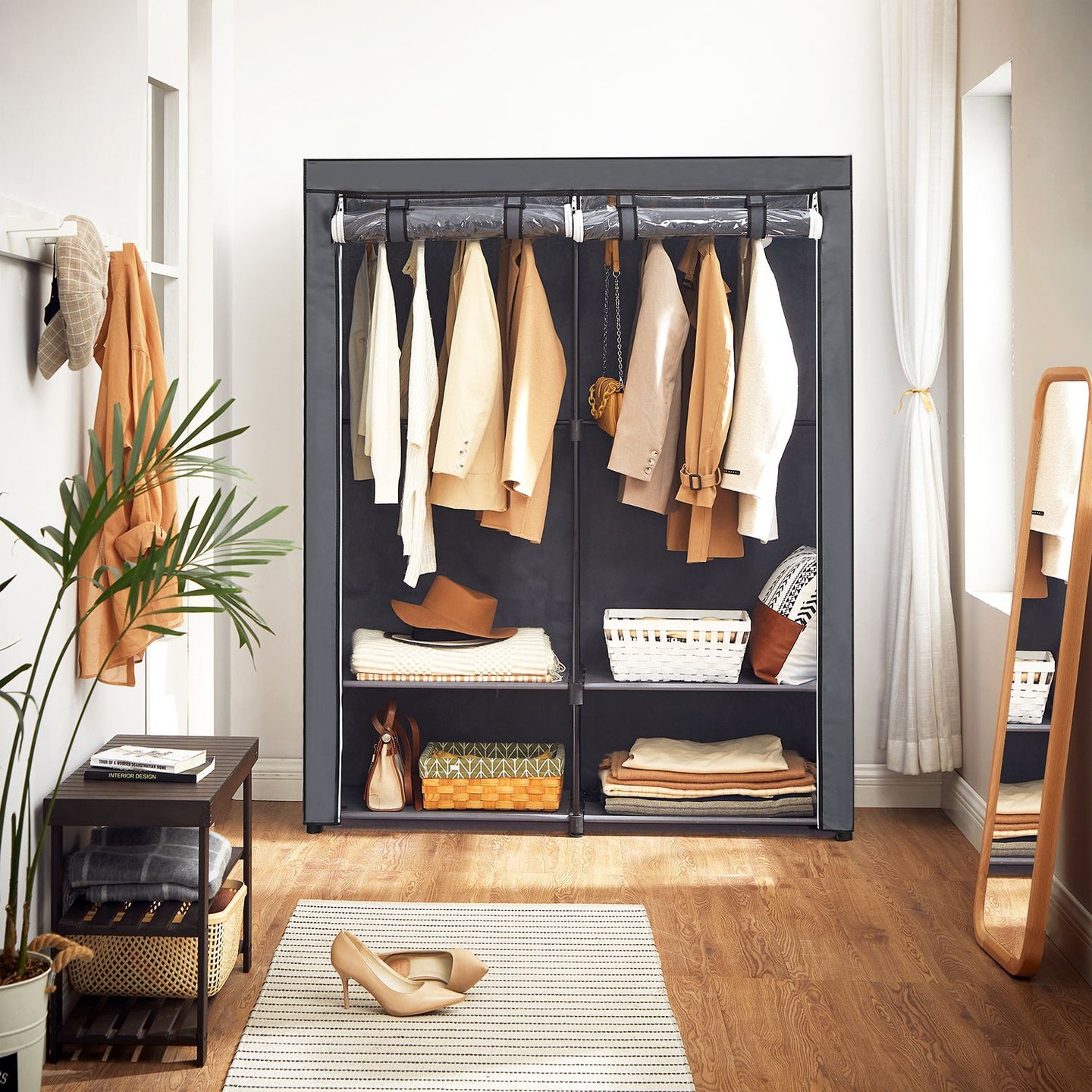 Fabric Wardrobe - Non-Woven Fabric - Black - Clothes Storage Organizer with Viewing Windows and Shelves