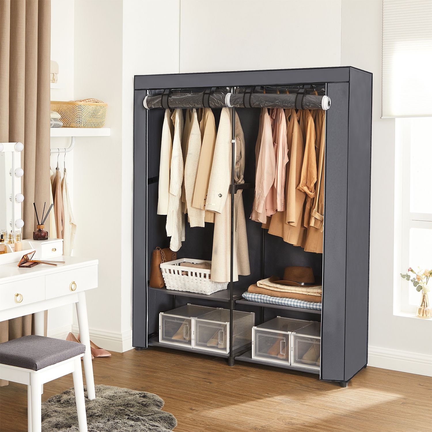 Fabric Wardrobe - Non-Woven Fabric - Black - Clothes Storage Organizer with Viewing Windows and Shelves