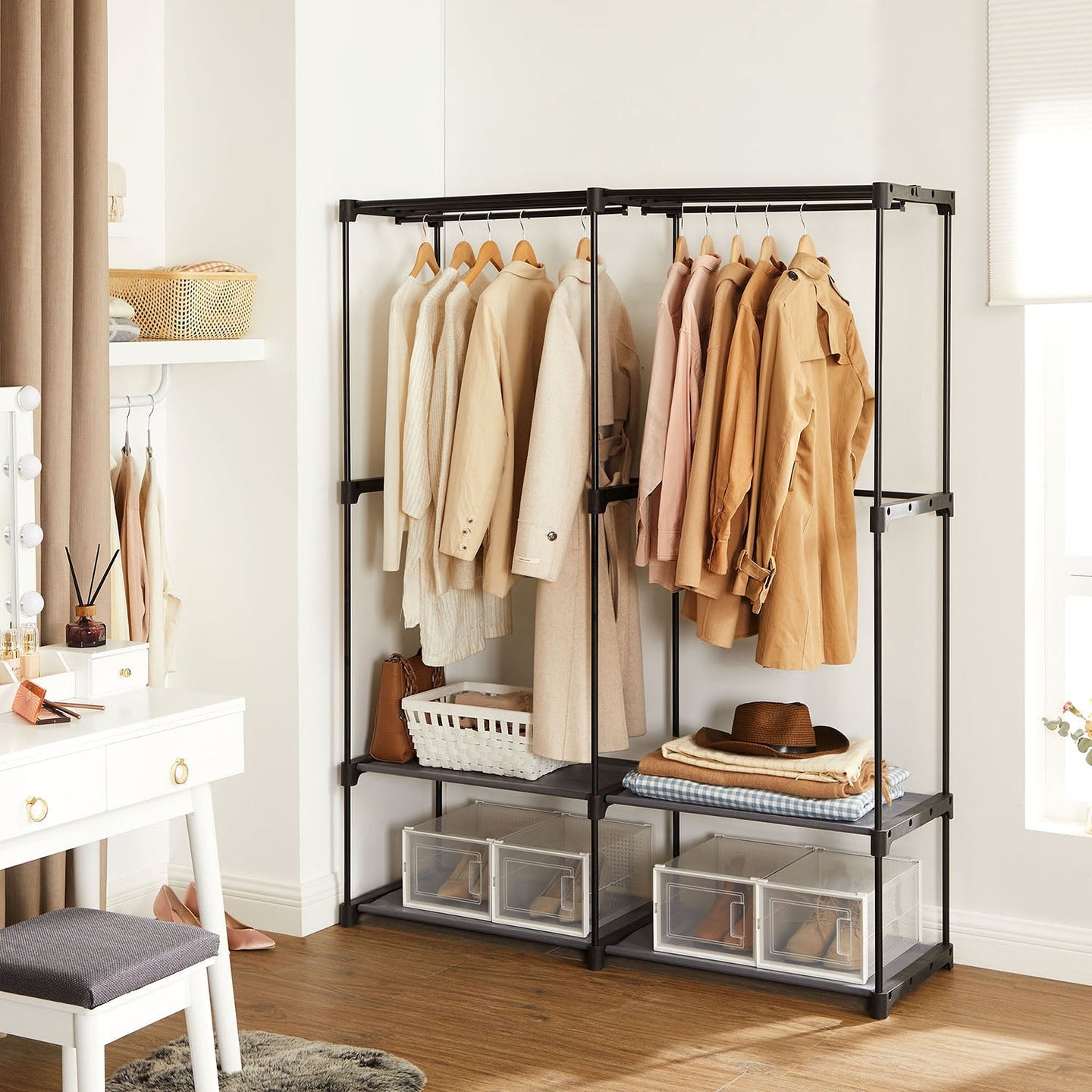 Fabric Wardrobe - Non-Woven Fabric - Black - Clothes Storage Organizer with Viewing Windows and Shelves
