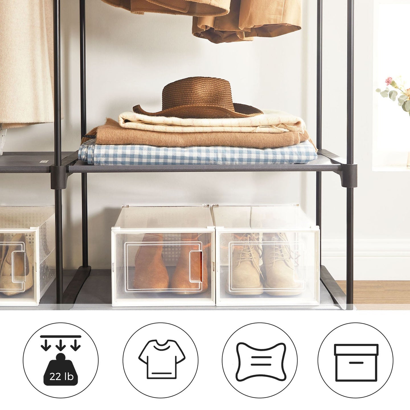 Fabric Wardrobe - Non-Woven Fabric - Black - Clothes Storage Organizer with Viewing Windows and Shelves