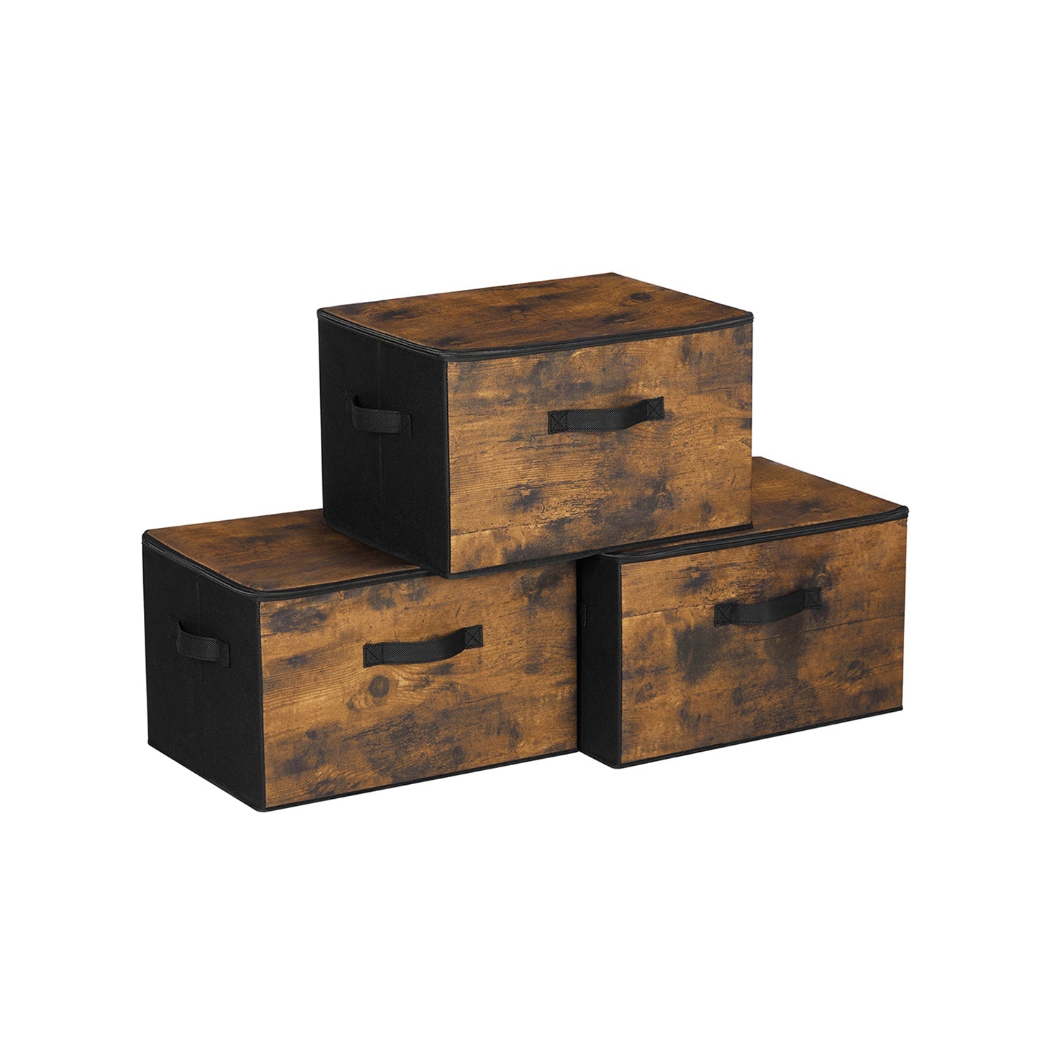 Set of 3 Foldable Storage Boxes - Non-Woven Fabric - Brown - with Lids and Handles