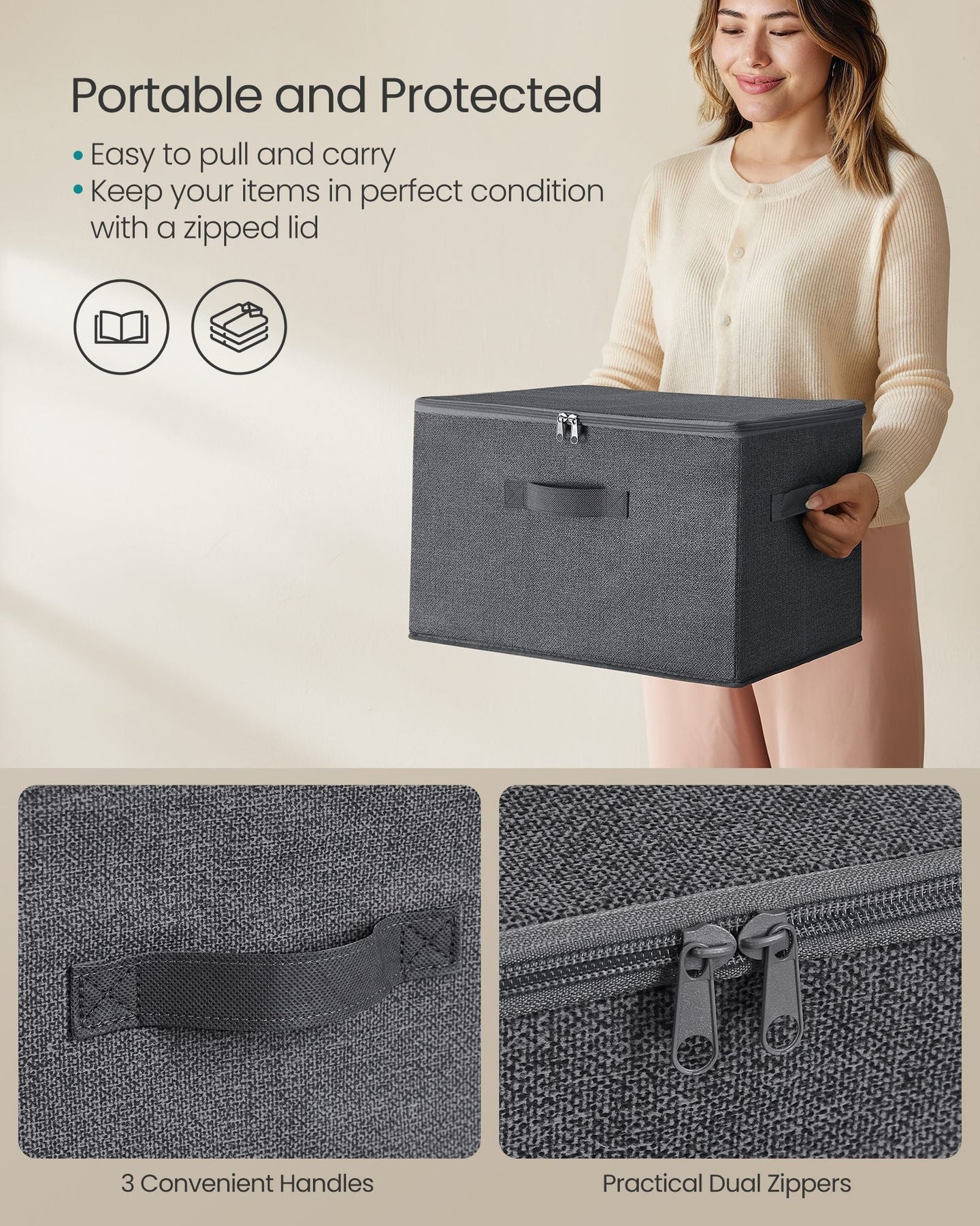 Set of 6 Foldable Storage Organizer Boxes - Non-Woven Fabric - Slate Grey - With Lids and Handles