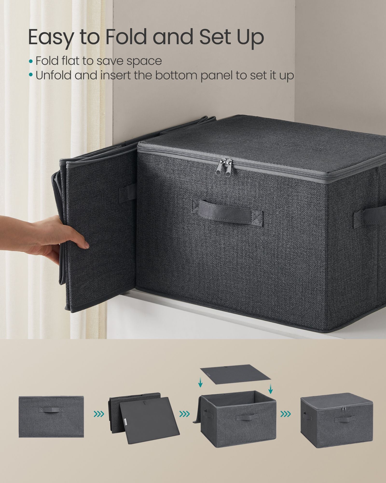 Set of 6 Foldable Storage Organizer Boxes - Non-Woven Fabric - Slate Grey - With Lids and Handles
