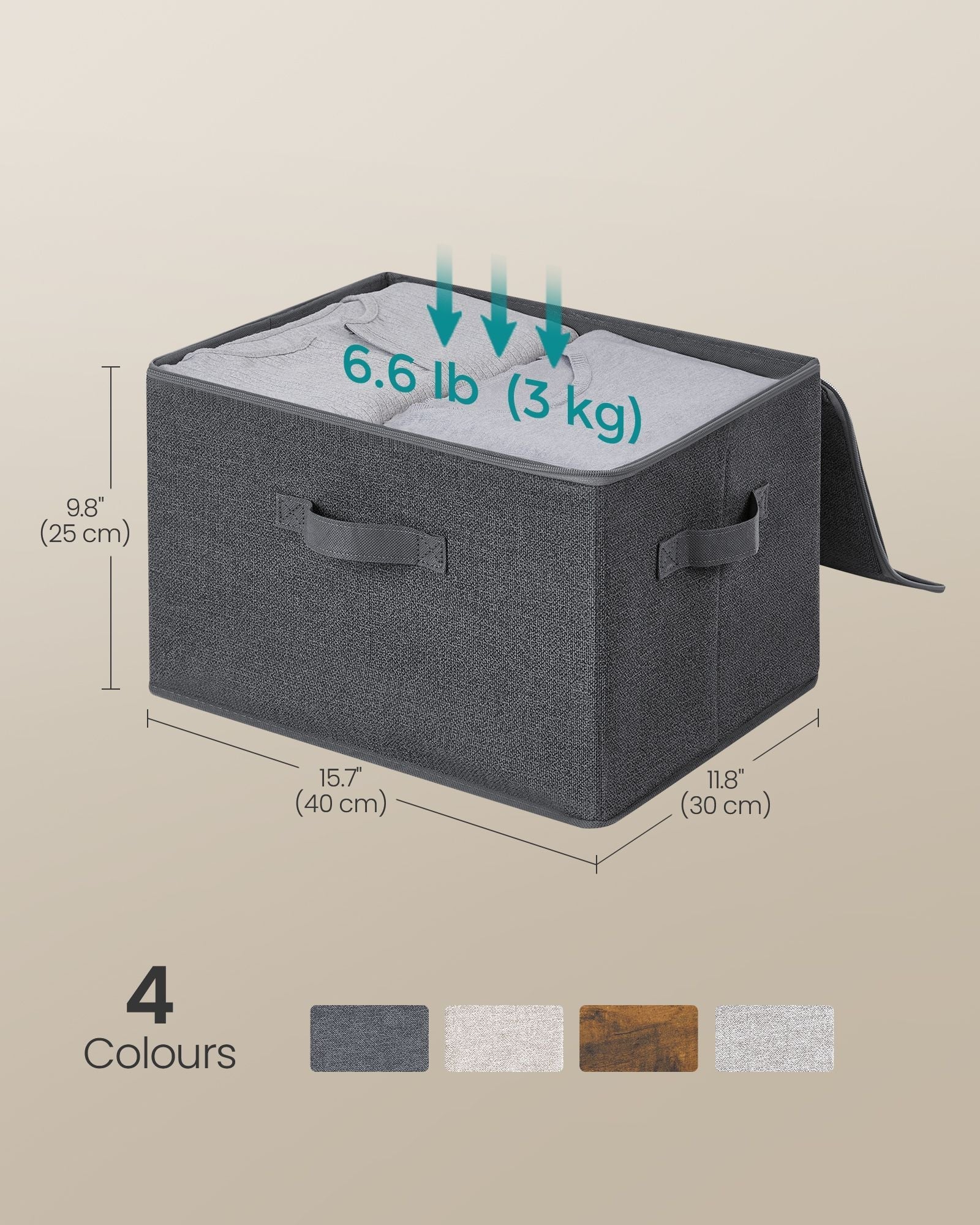 Set of 6 Foldable Storage Organizer Boxes - Non-Woven Fabric - Slate Grey - With Lids and Handles