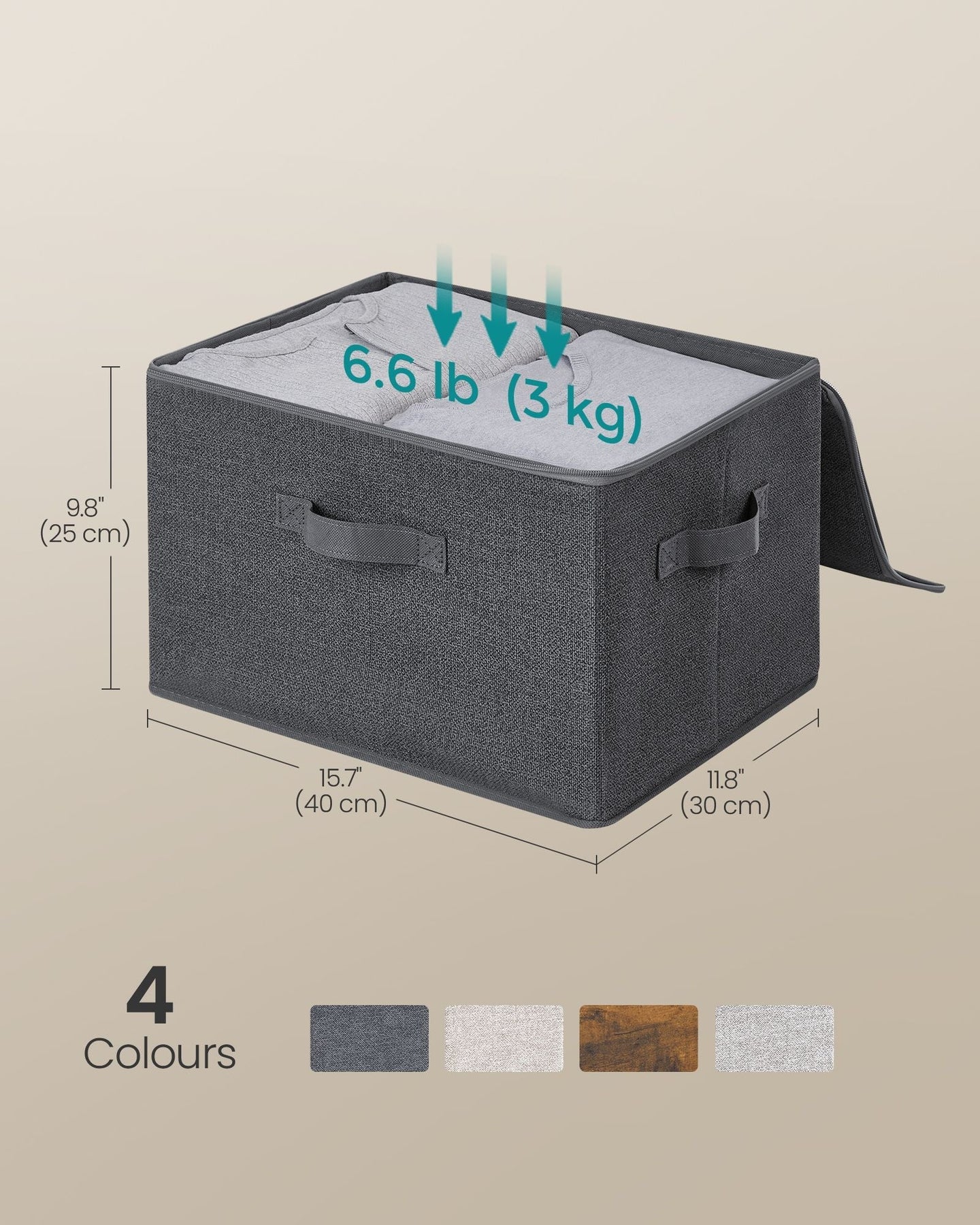 Set of 6 Foldable Storage Organizer Boxes - Non-Woven Fabric - Slate Grey - With Lids and Handles