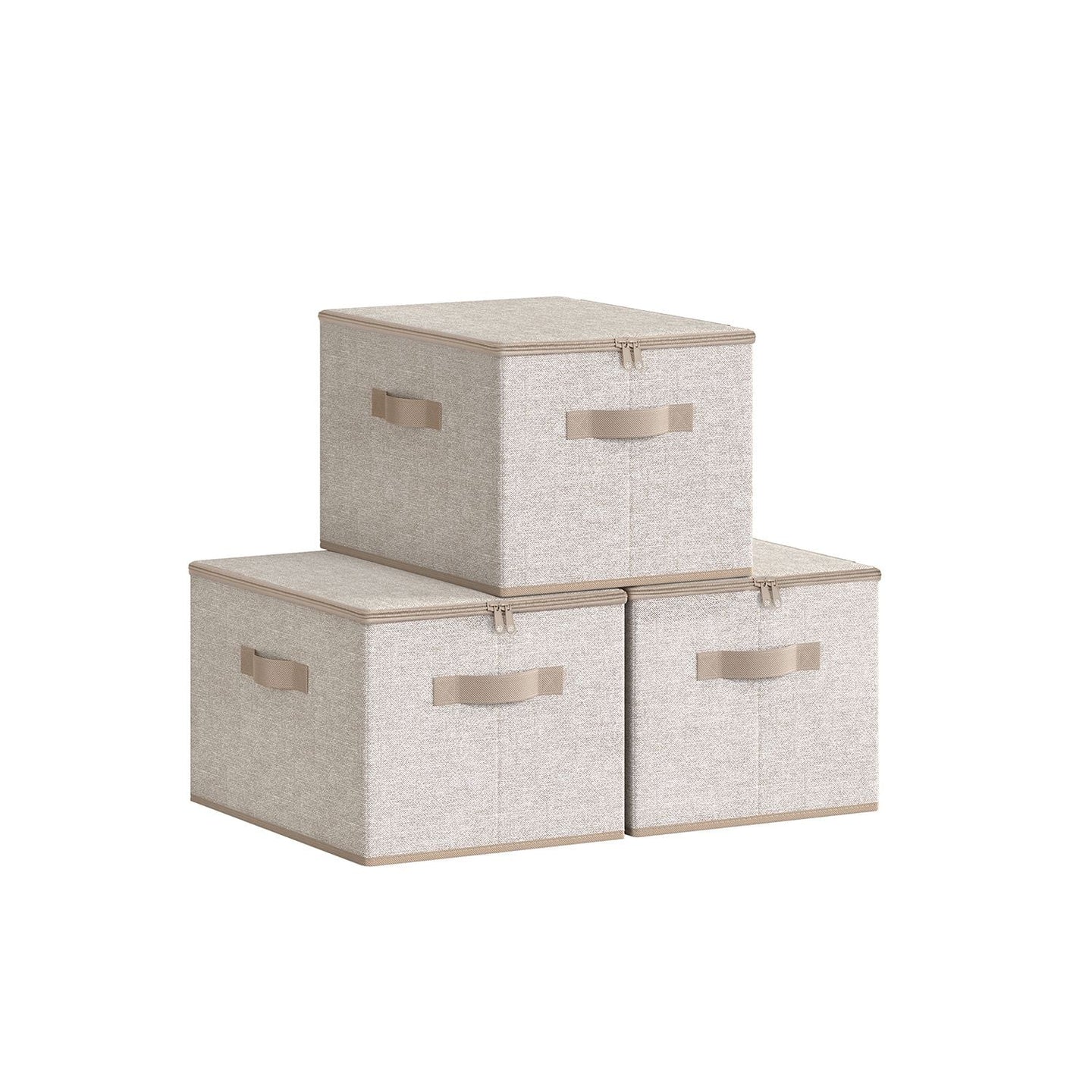 Set of 3 Foldable Storage Organiser Boxes - Non-Woven Fabric - Sand Beige - With Lids and Handles