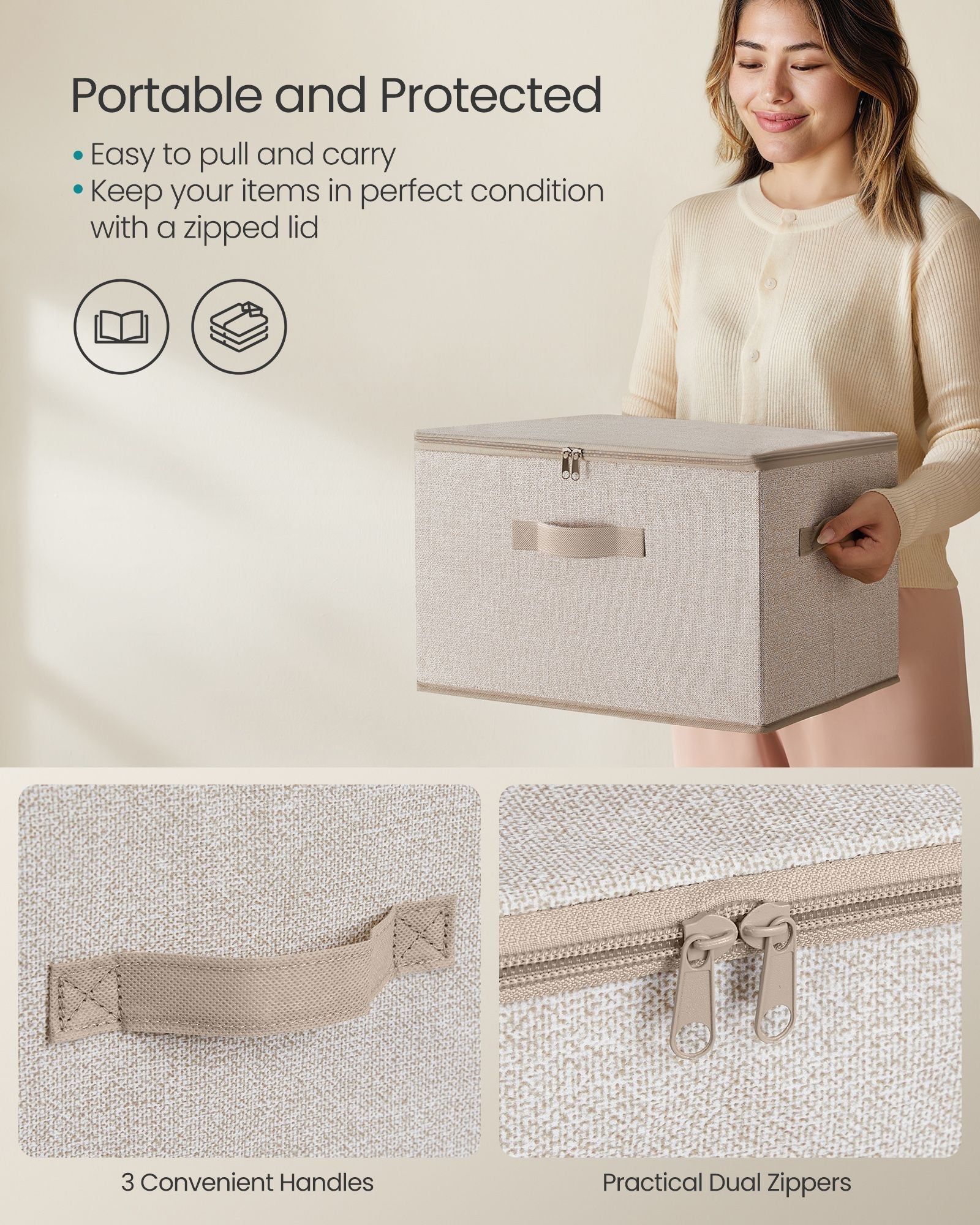 Set of 3 Foldable Storage Organiser Boxes - Non-Woven Fabric - Sand Beige - With Lids and Handles