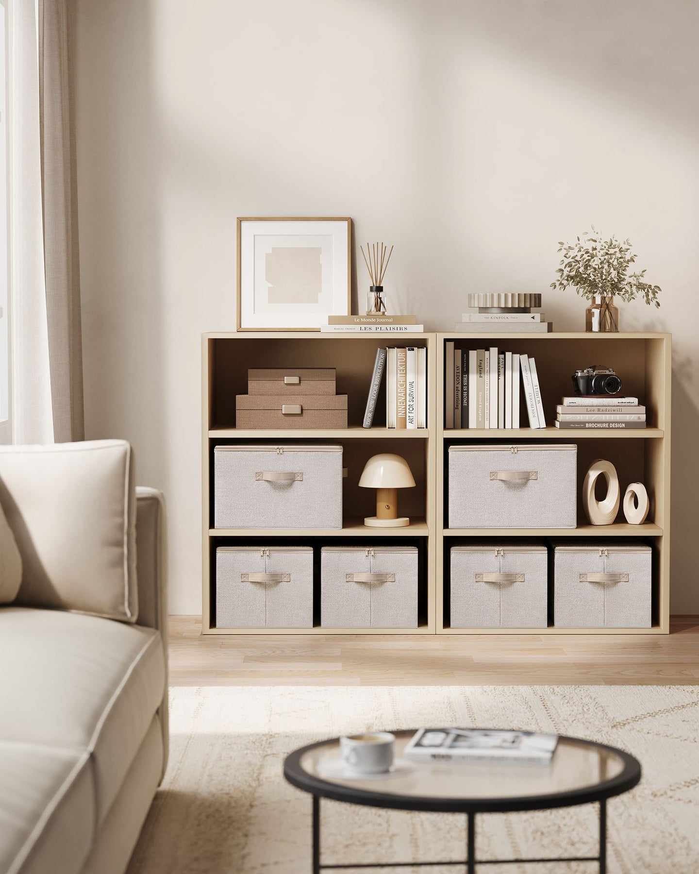 Set of 3 Foldable Storage Organiser Boxes - Non-Woven Fabric - Sand Beige - With Lids and Handles