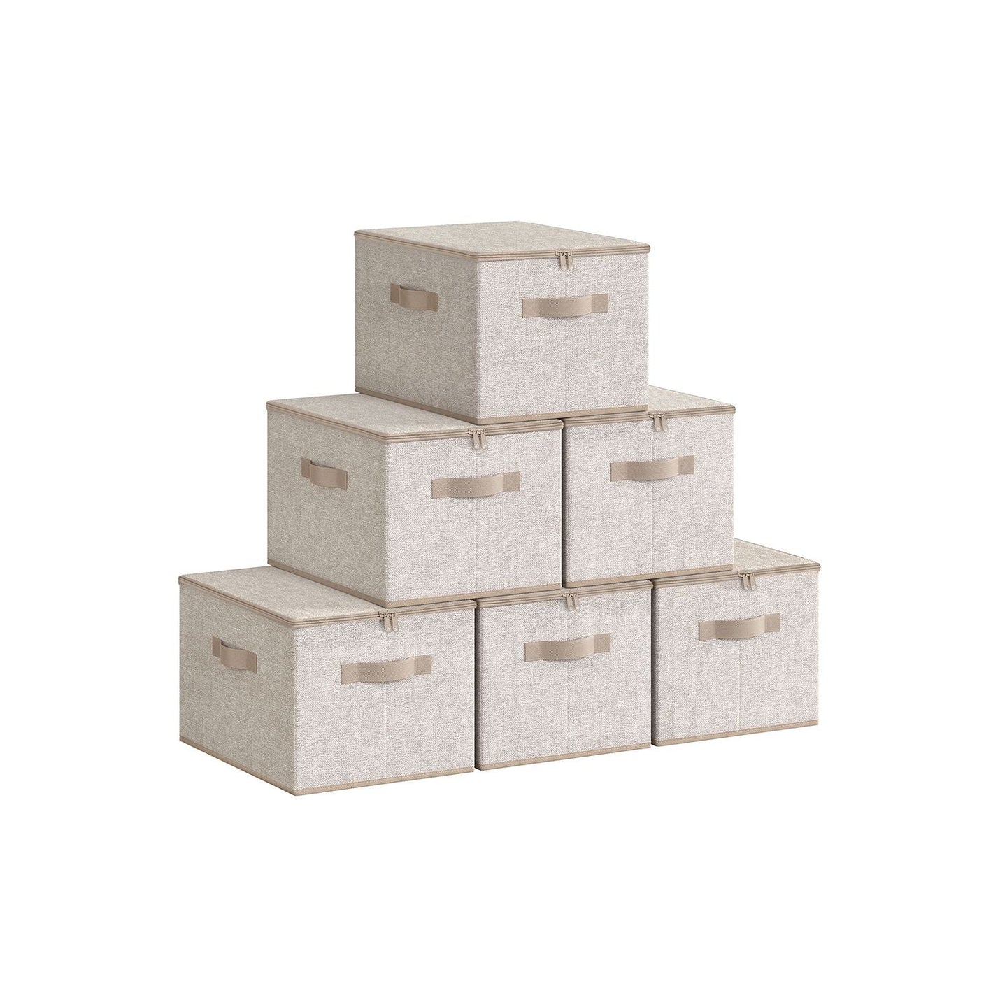 Set of 6 Foldable Storage Organiser Boxes - Non-Woven Fabric - Sand Beige - with Lids and Handles