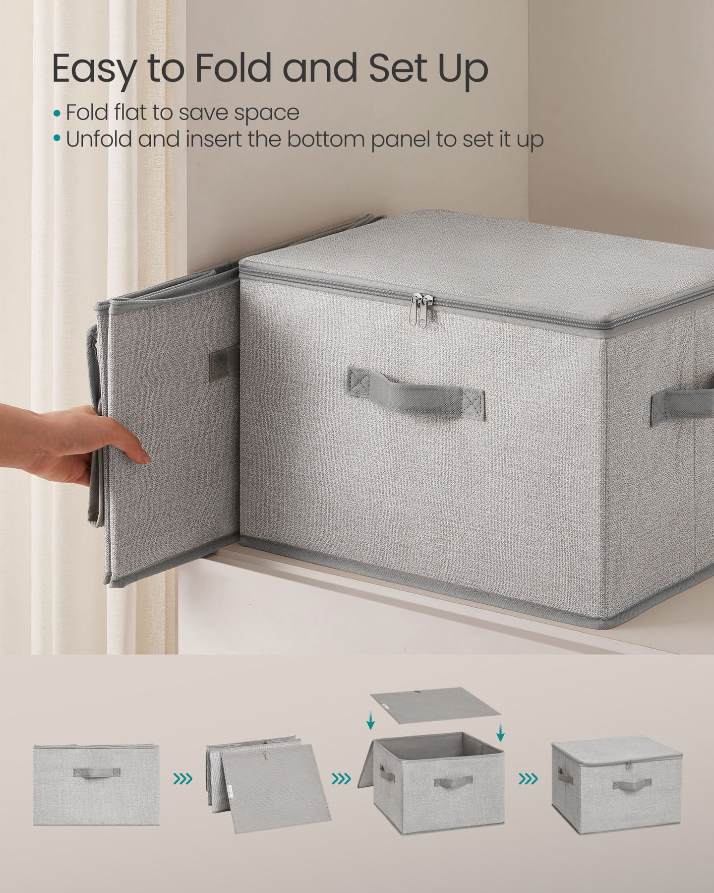 Set of 3 Foldable Storage Bins - Non-Woven Fabric - Slate Grey - With Lids and Handles