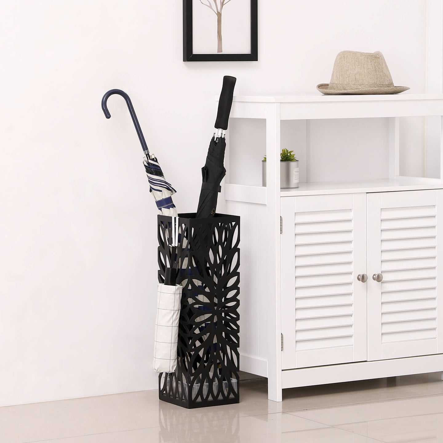 Umbrella Stand - Metal - Black - Free Standing with Drip Tray and Hooks