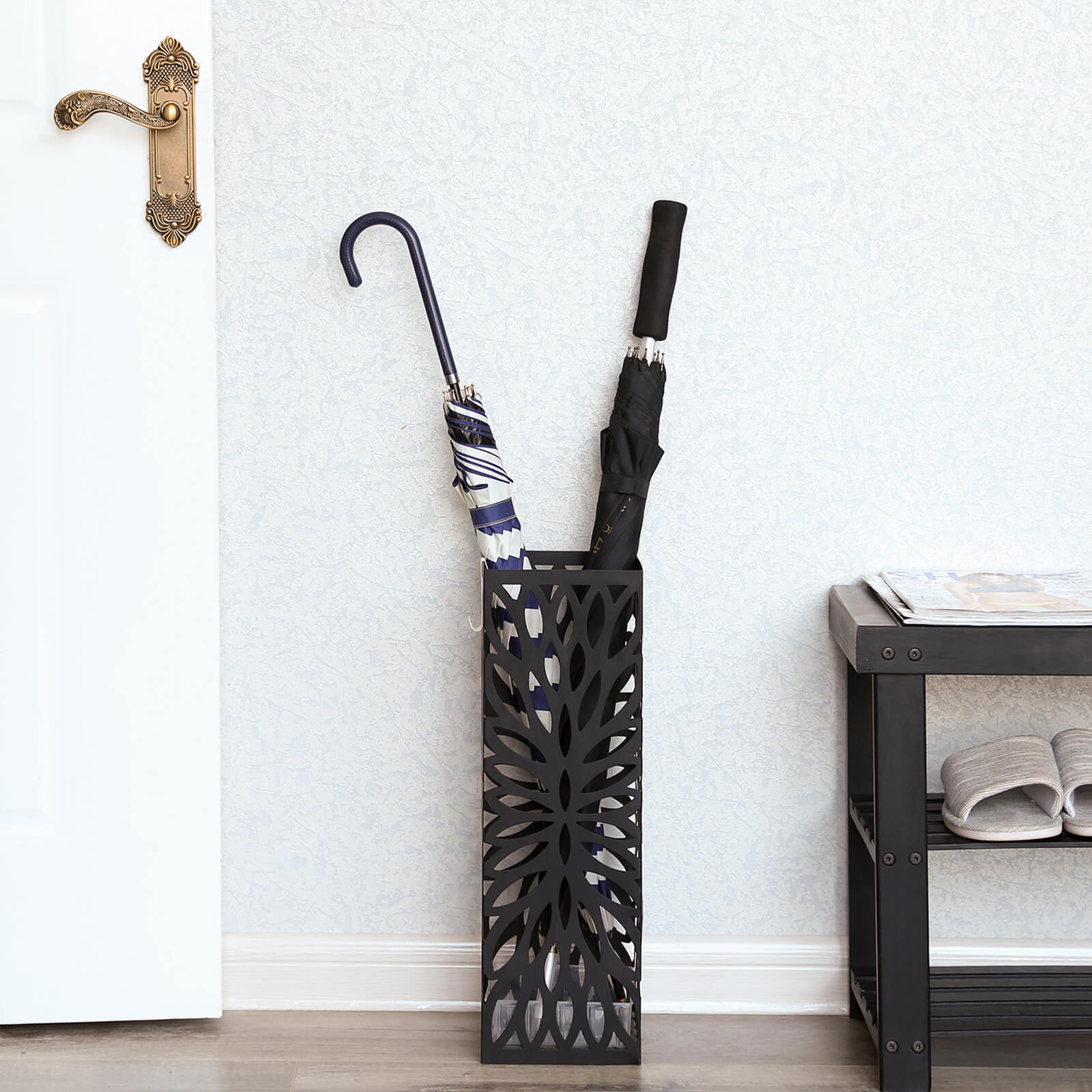 Umbrella Stand - Metal - Black - Free Standing with Drip Tray and Hooks