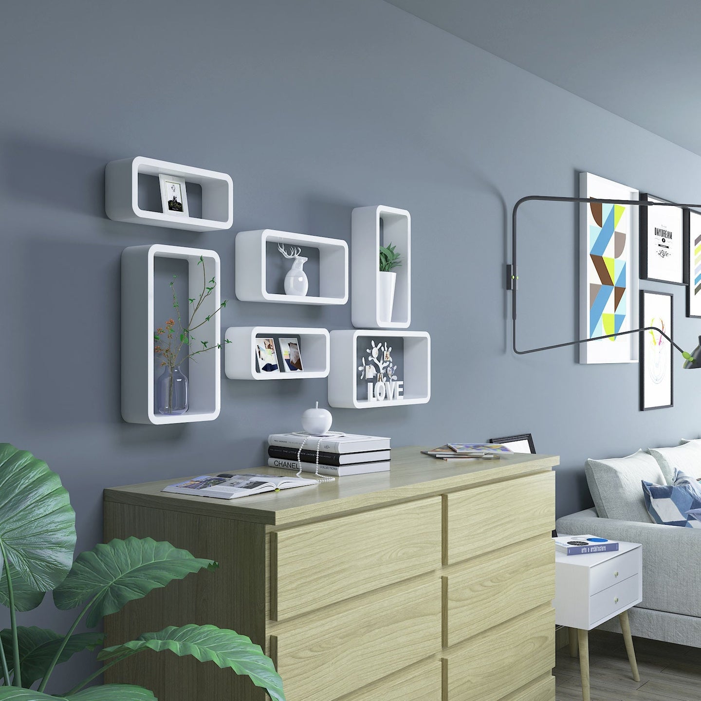 Rectangular Wall Shelves - Wood - White - Set of 3 Floating Shelves with 15 kg Weight Capacity