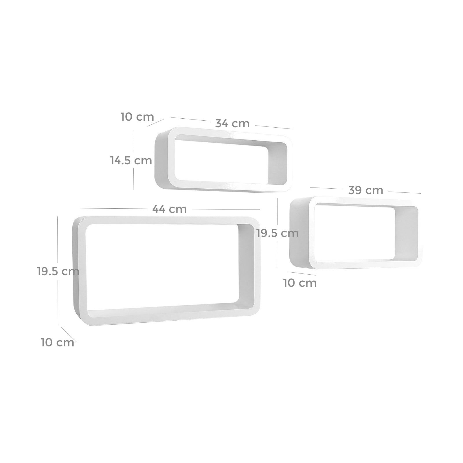 Rectangular Wall Shelves - Wood - White - Set of 3 Floating Shelves with 15 kg Weight Capacity