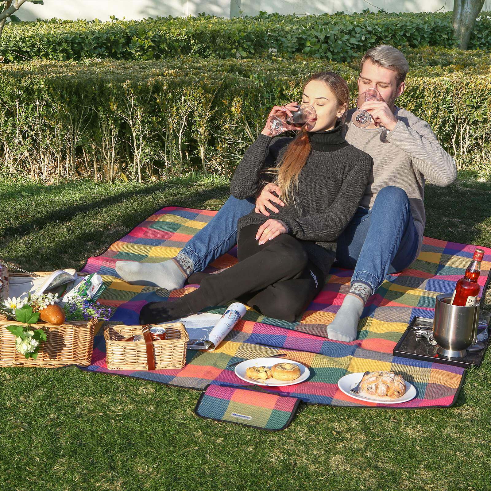 Picnic Blanket - Waterproof Fabric - Red Tartan - Includes Carrying Handle