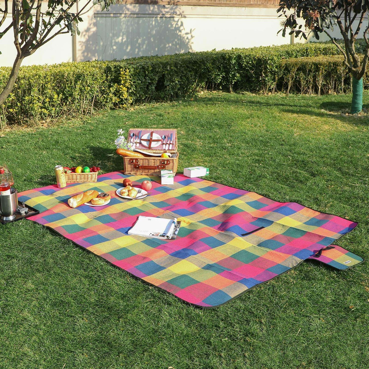 Picnic Blanket - Waterproof Fabric - Red Tartan - Includes Carrying Handle