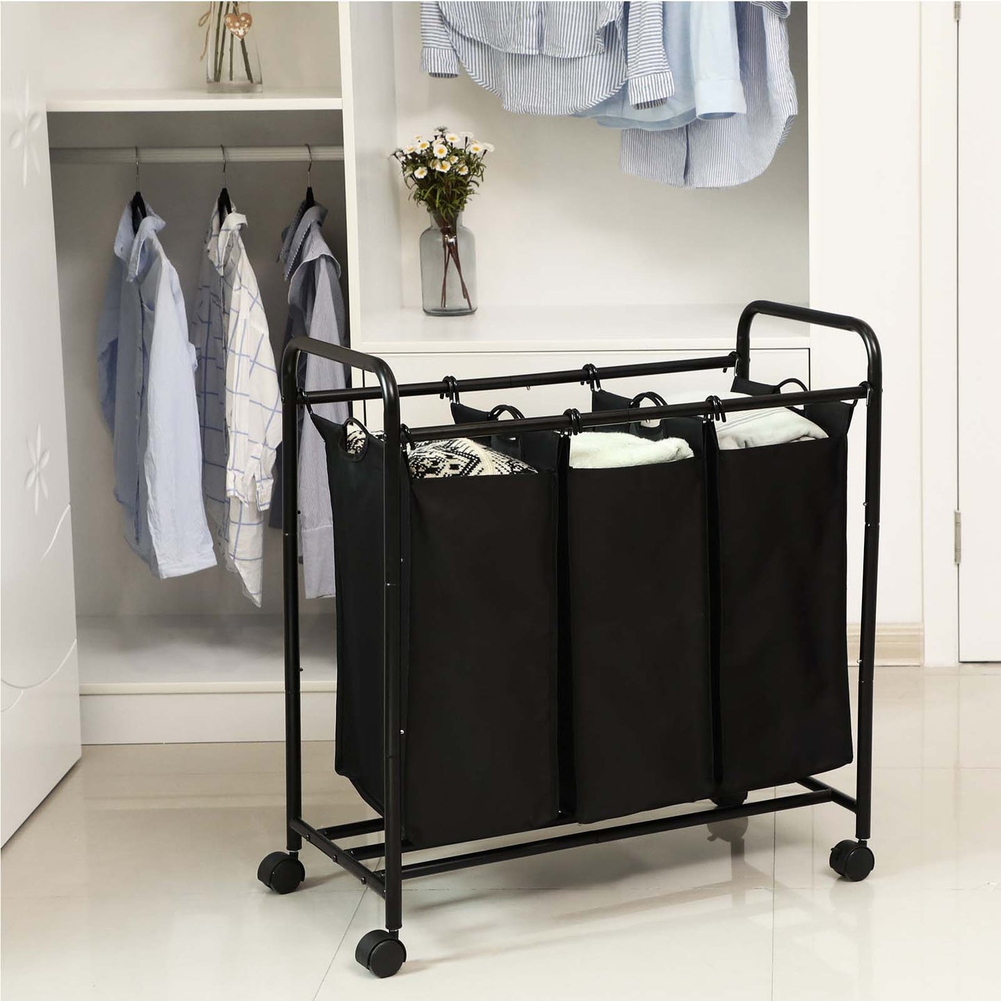 Laundry Cart - Fabric - Beige - 3 Removable Bags on Wheels