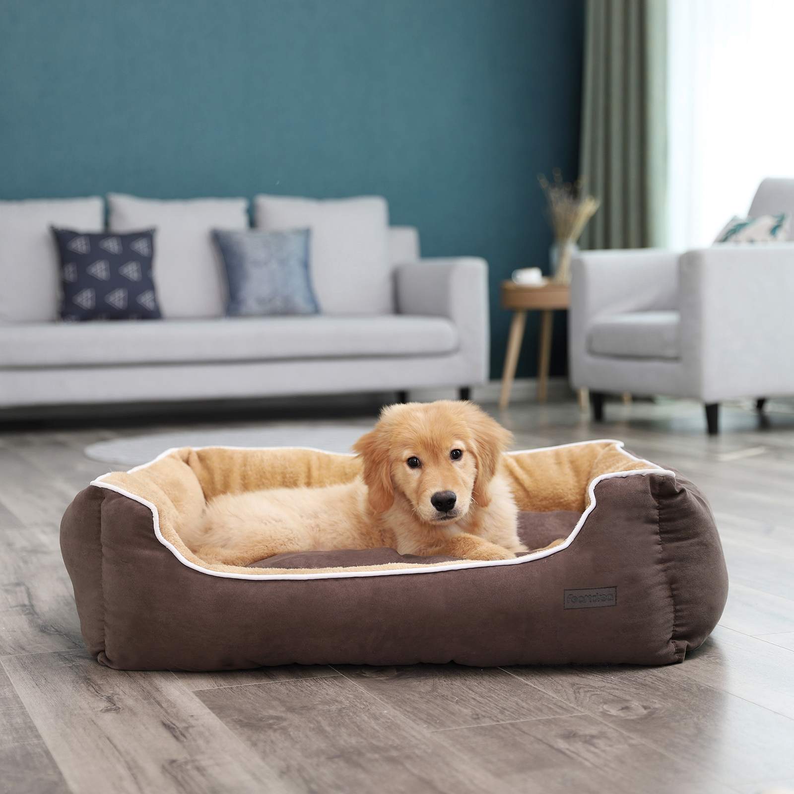 Dog Bed - Fabric - Brown and Yellow - Removable Cushion