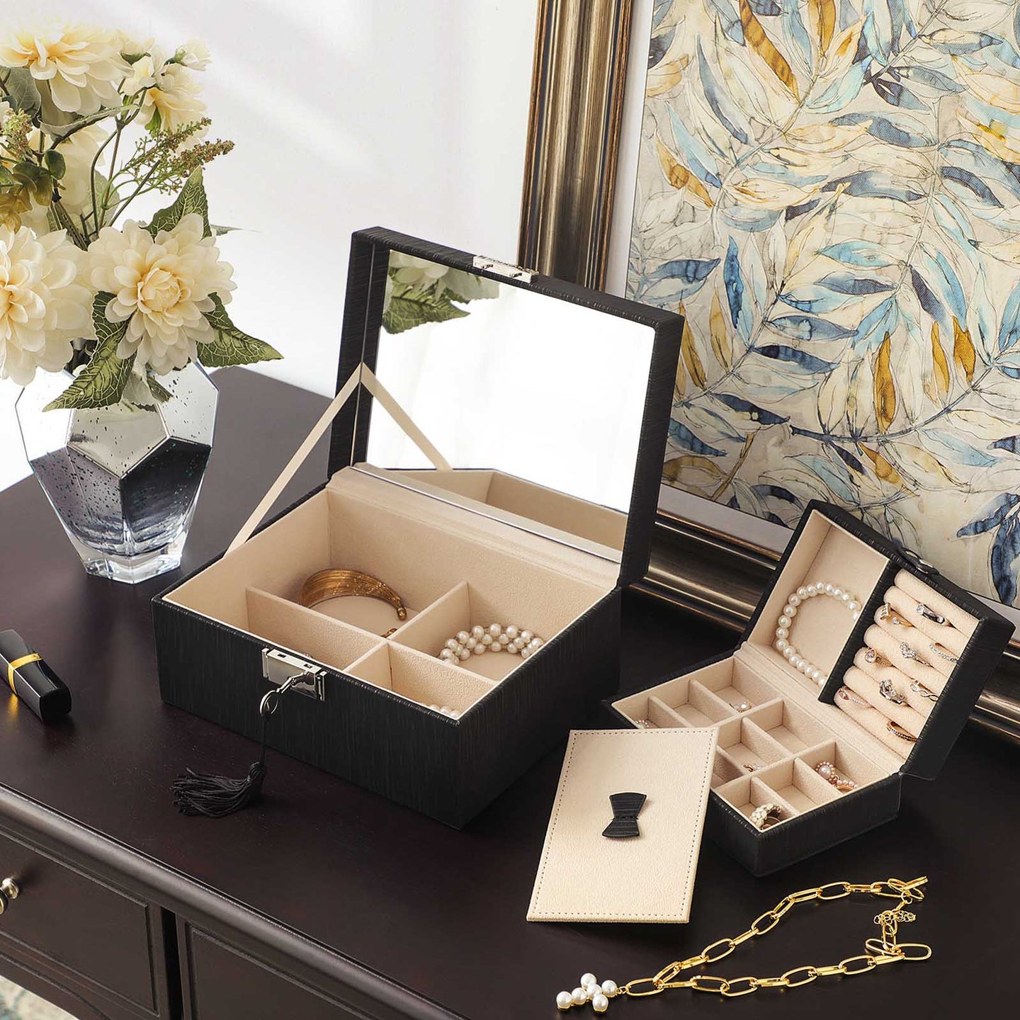 Jewelry Box - Wood - Black - Lockable with Removable Divider and Foldable Tray