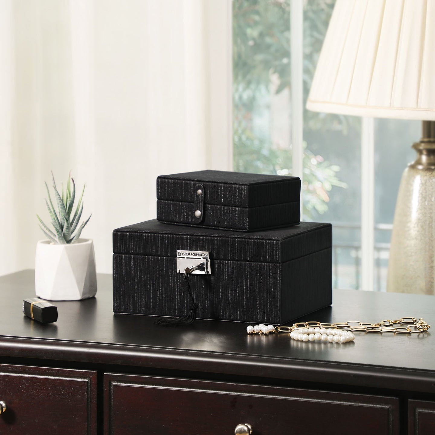 Jewelry Box - Wood - Black - Lockable with Removable Divider and Foldable Tray