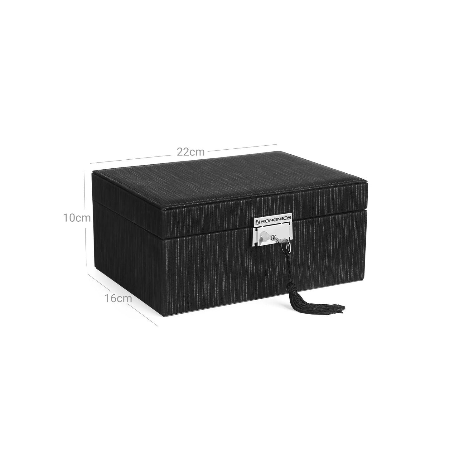 Jewelry Box - Wood - Black - Lockable with Removable Divider and Foldable Tray
