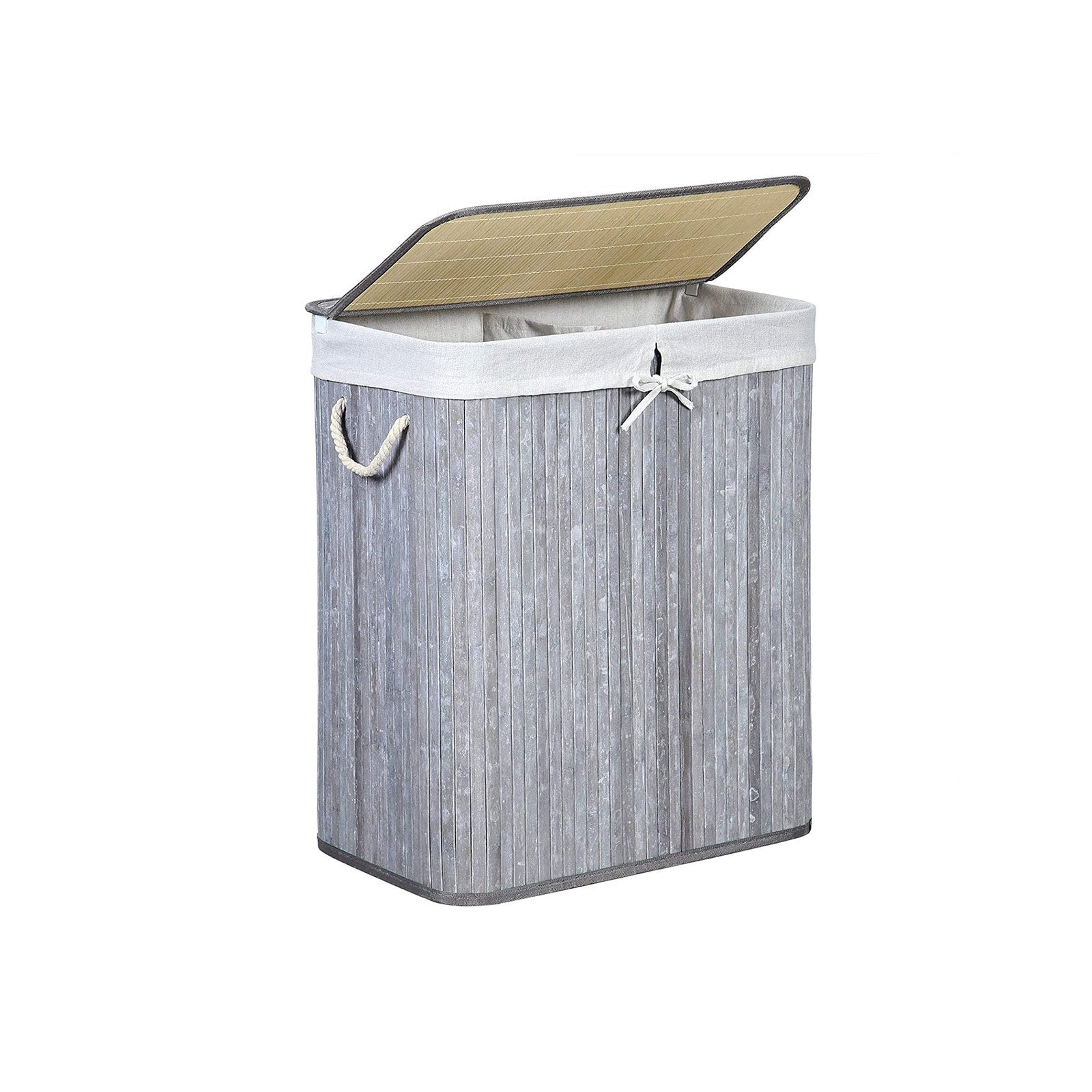 Laundry Basket - Bamboo - Distressed Grey - Two Sections with Lid and Removable Liner