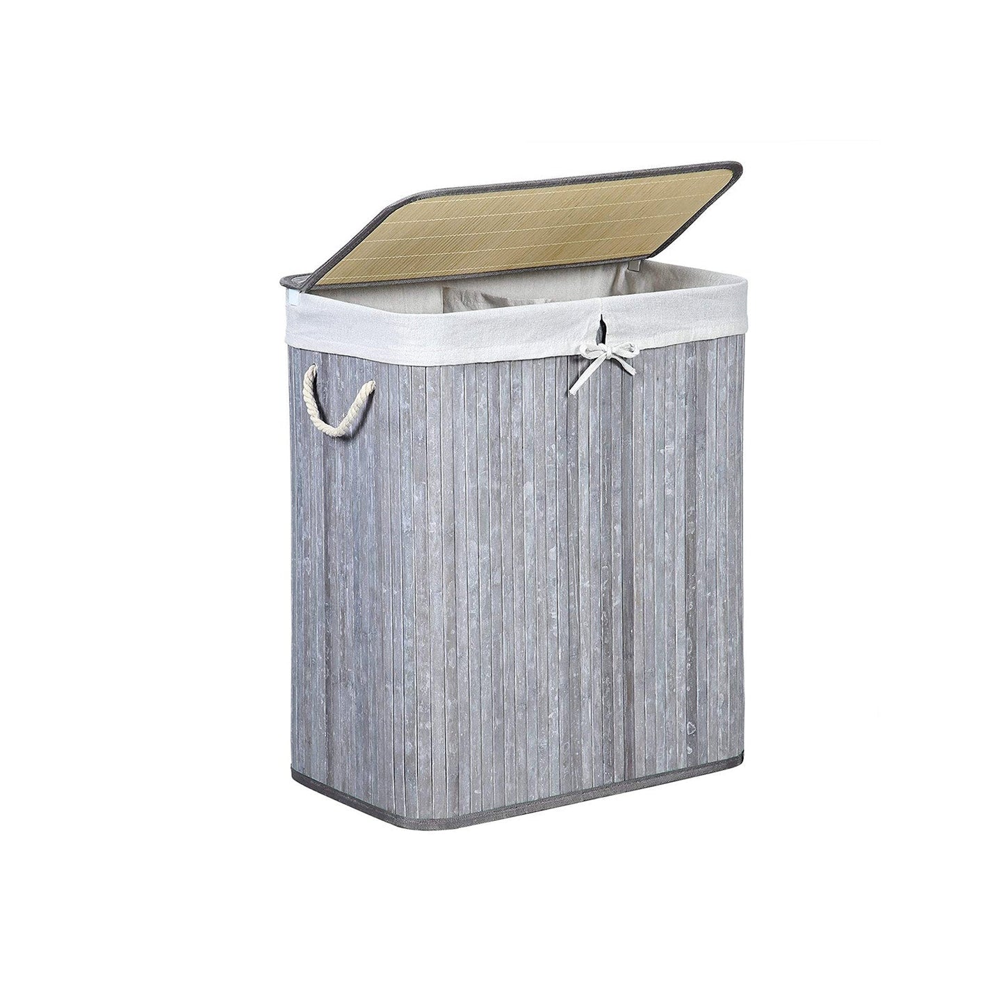 Laundry Basket - Bamboo - Distressed Grey - Two Sections with Lid and Removable Liner