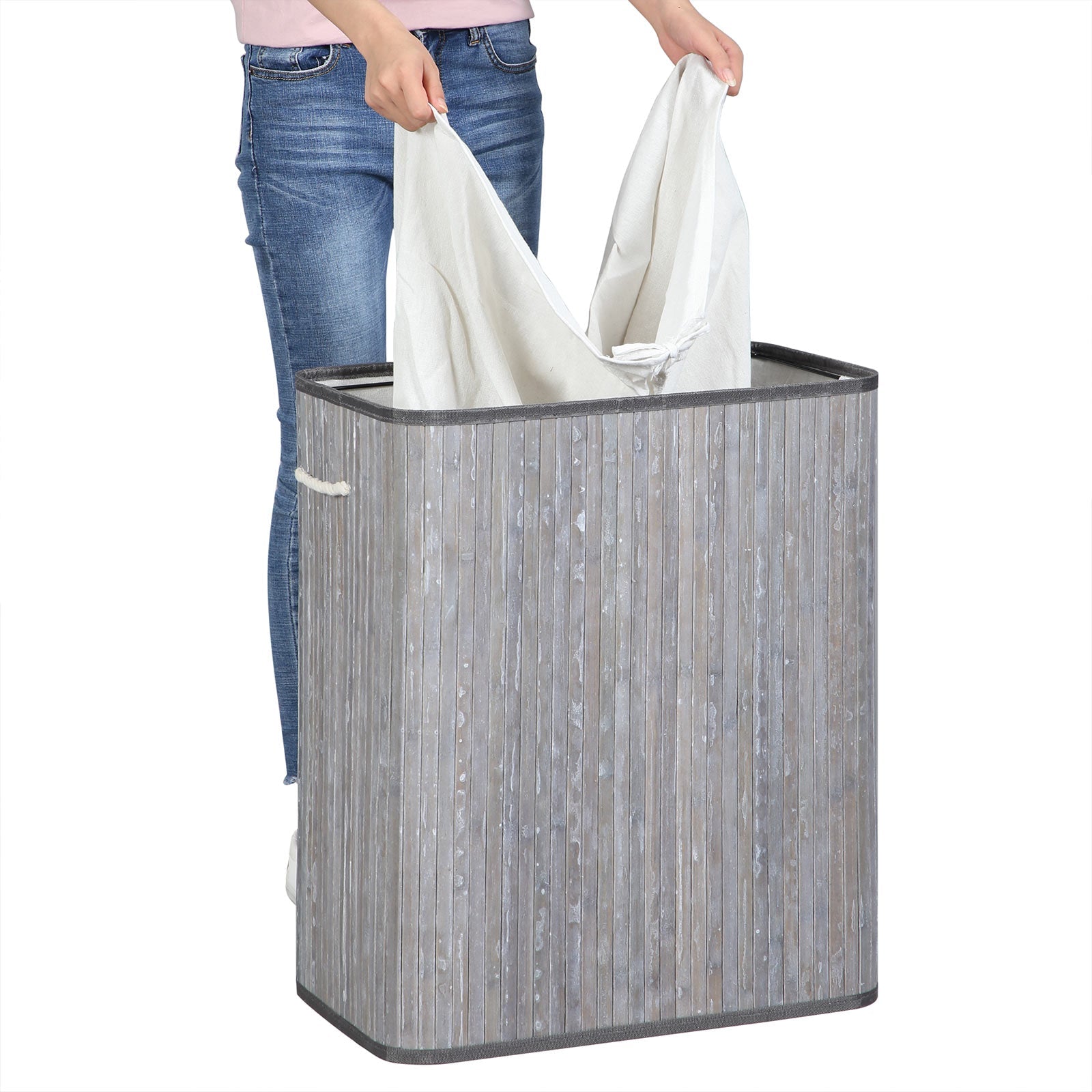Laundry Basket - Bamboo - Distressed Grey - Two Sections with Lid and Removable Liner