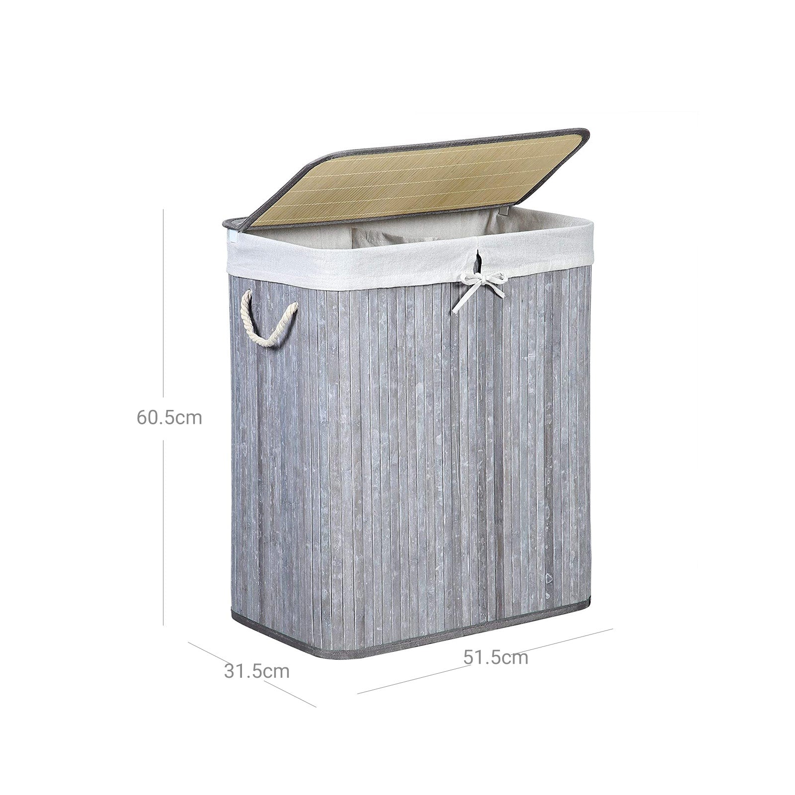 Laundry Basket - Bamboo - Distressed Grey - Two Sections with Lid and Removable Liner