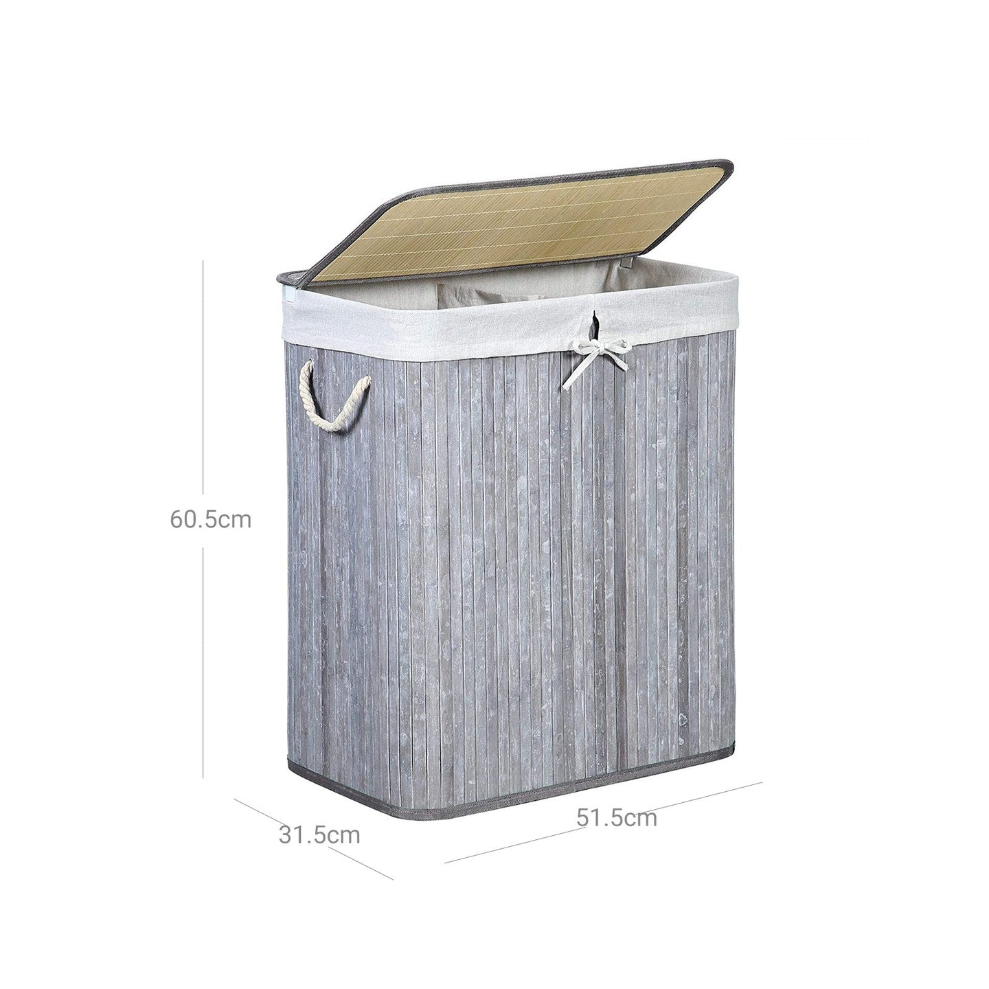 Laundry Basket - Bamboo - Distressed Grey - Two Sections with Lid and Removable Liner