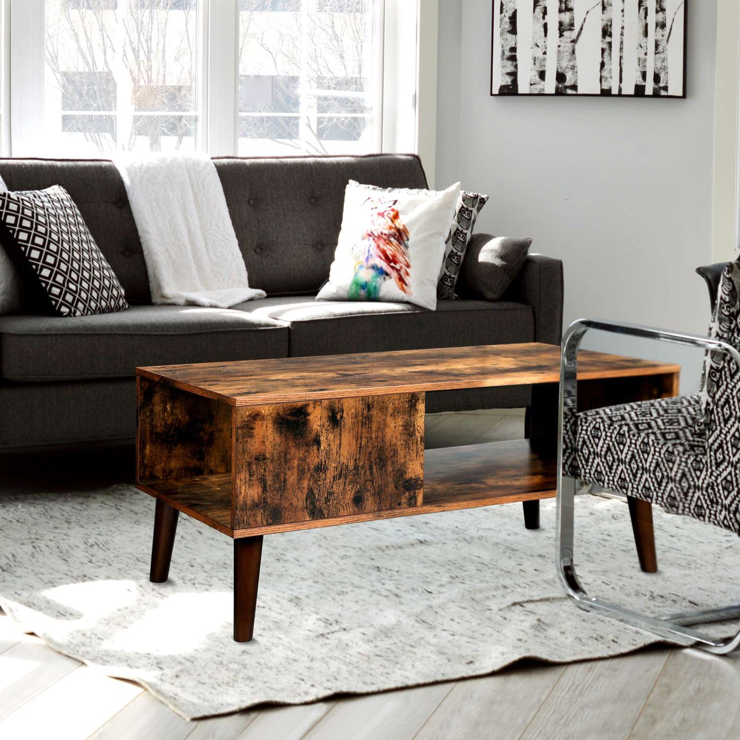 Mid-Century Modern Coffee Table - Wood - Brown - With Storage Shelf