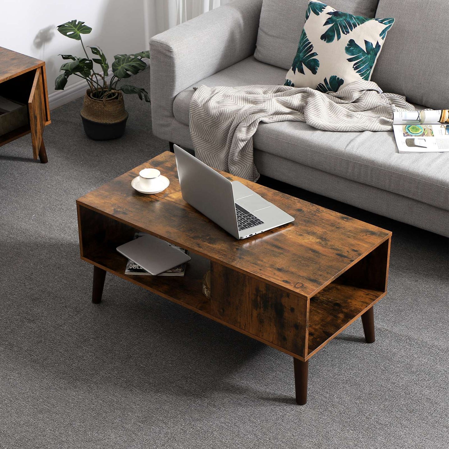 Mid-Century Modern Coffee Table - Wood - Brown - With Storage Shelf