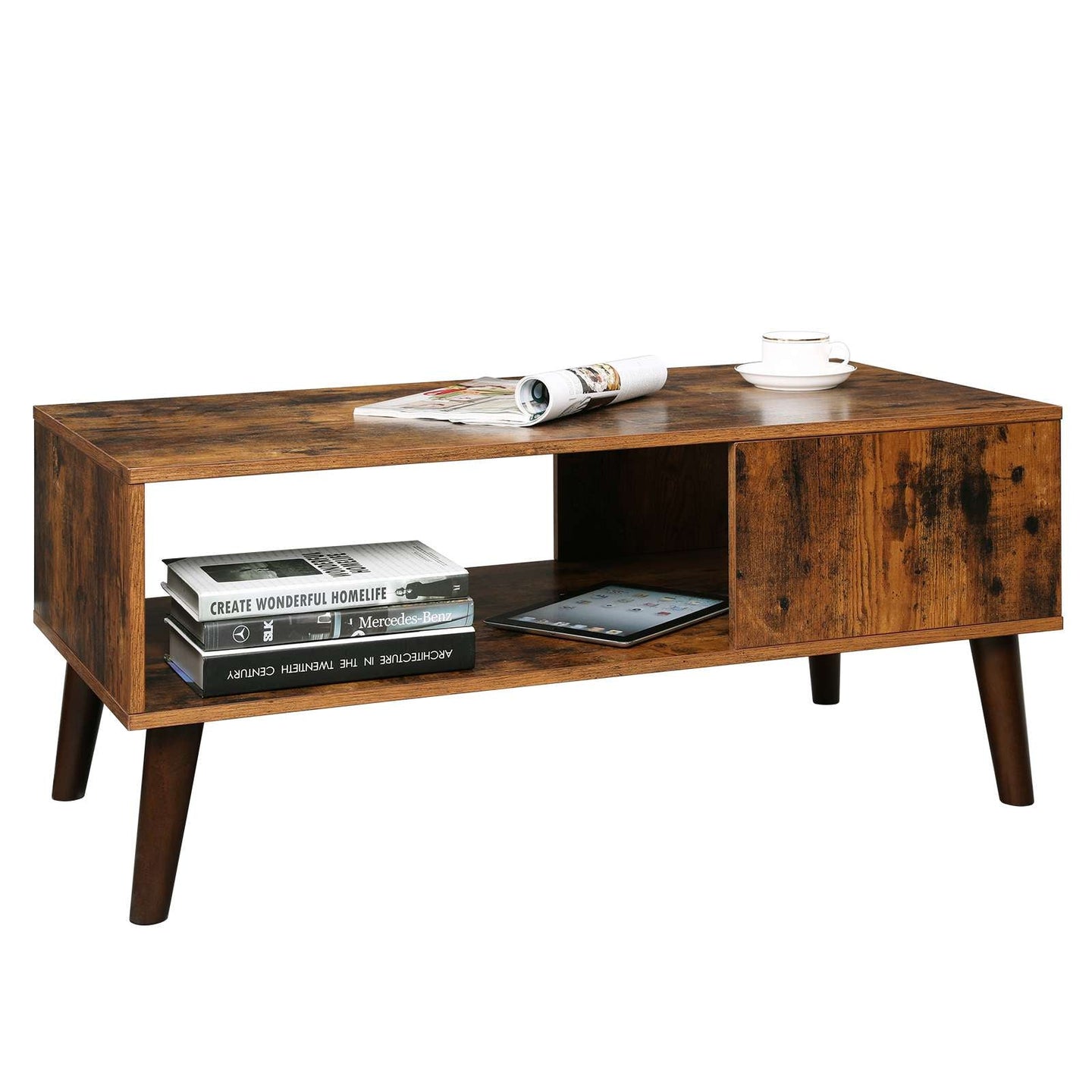 Mid-Century Modern Coffee Table - Wood - Brown - With Storage Shelf