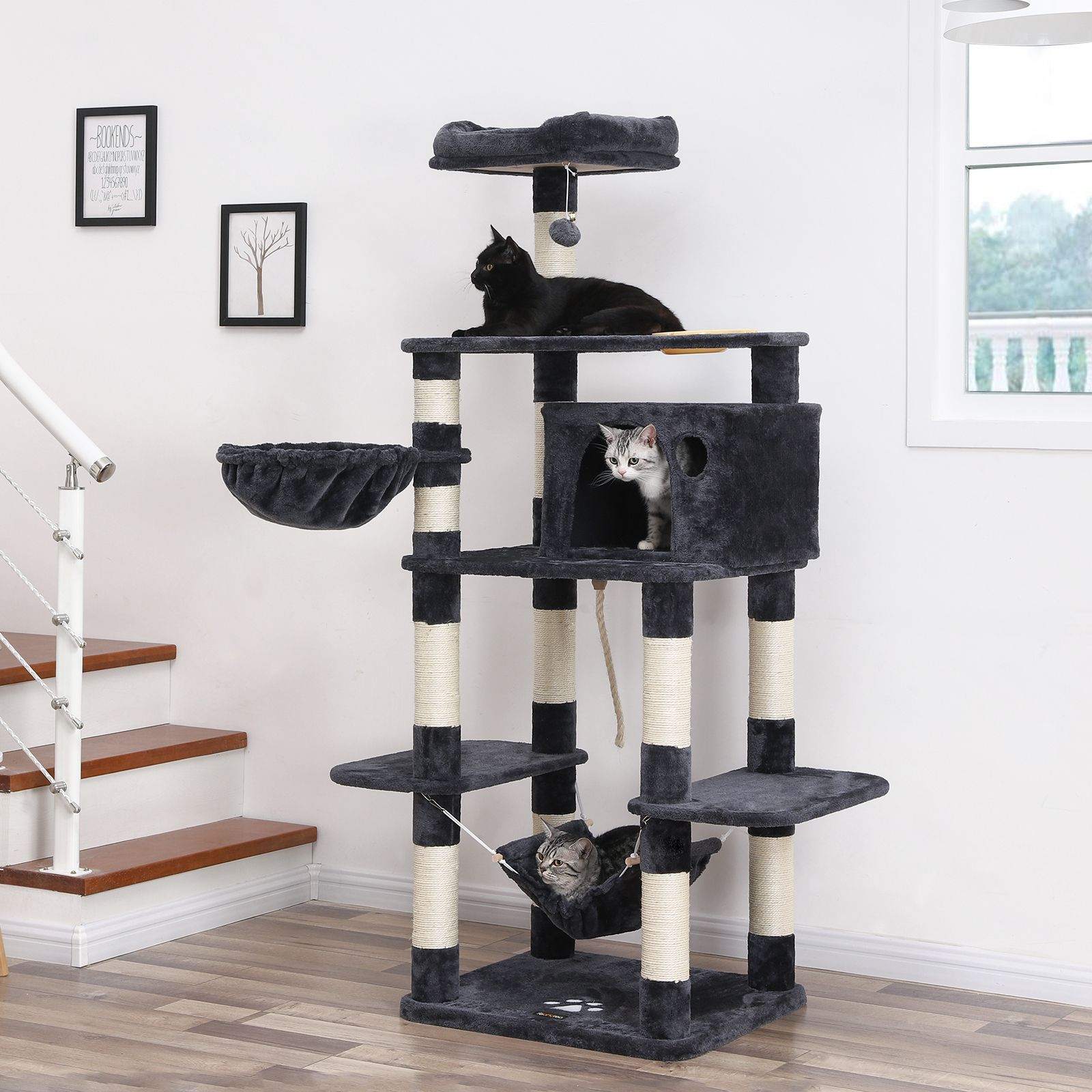 Multi-Level Cat Tree - Engineered Wood - Smoky Grey - Includes Feeder Bowl