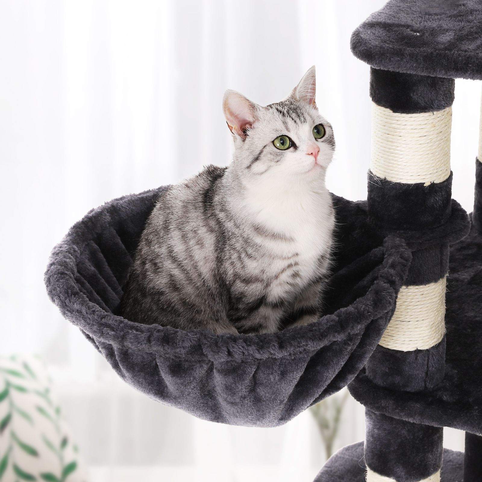 Multi-Level Cat Tree - Engineered Wood - Smoky Grey - Includes Feeder Bowl
